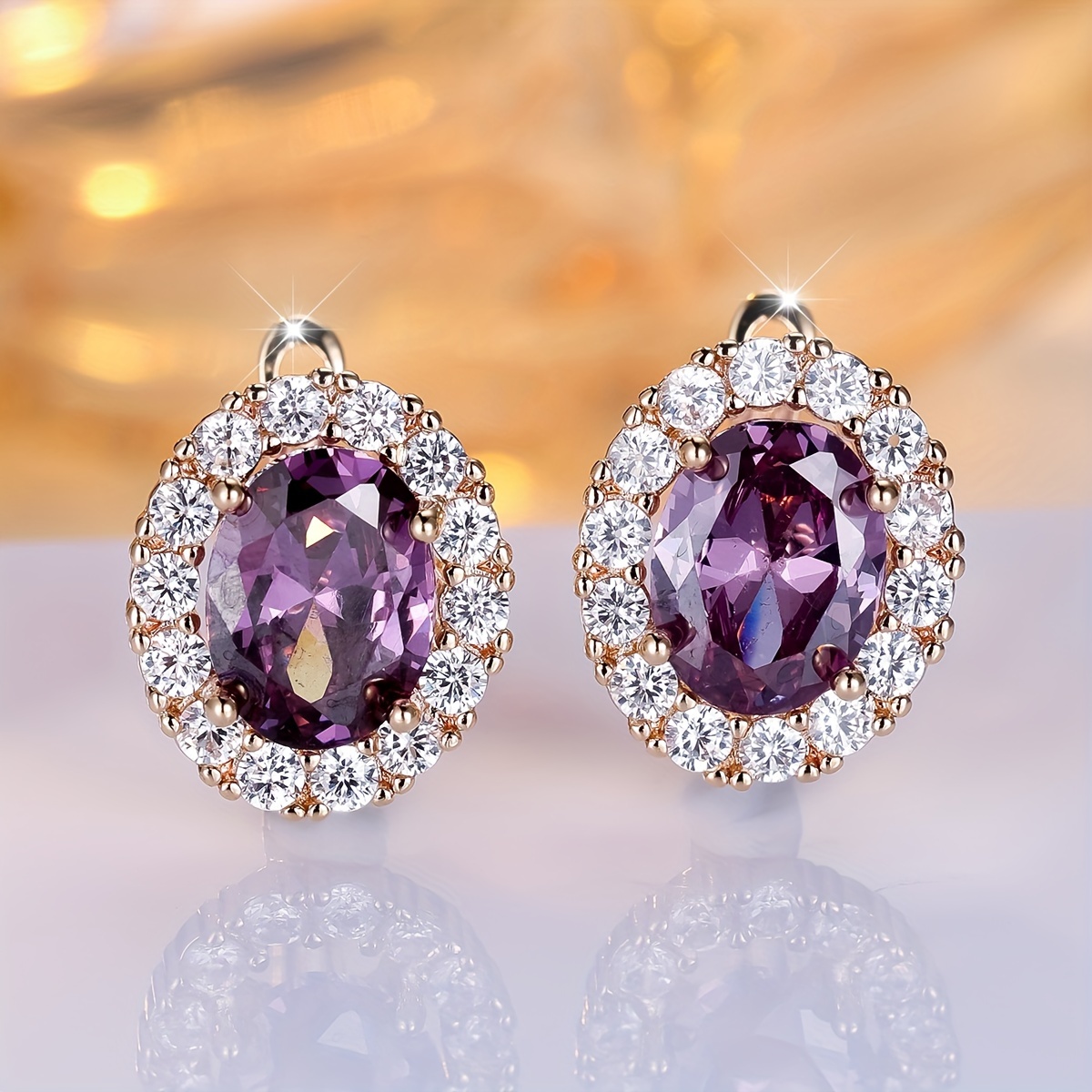 Image of 1 Pair Luxury Golden Color Oval Cut Purple Stone Drop Earrings Synthetic Cubic Zirconiaia Stackable Earrings Valentine's Day Halloween Gifts