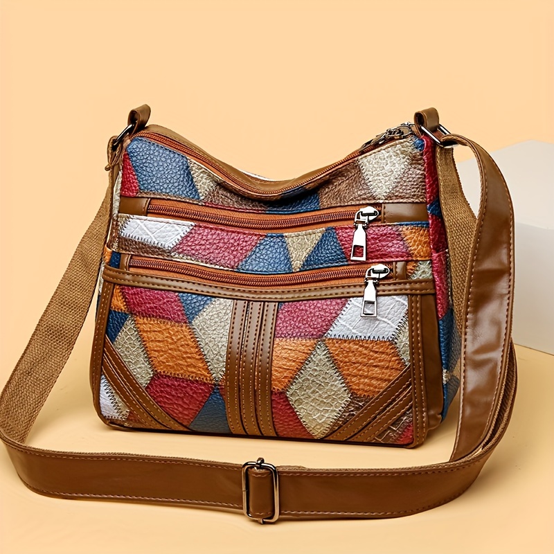 

Sac à Épaule Patchwork Géométrique d'Inspiration - Sac Bandoulière Spacieux en Similicuir avec Bandoulière Ethnique Réglable, Fermeture Éclair pour Tous & Voyage