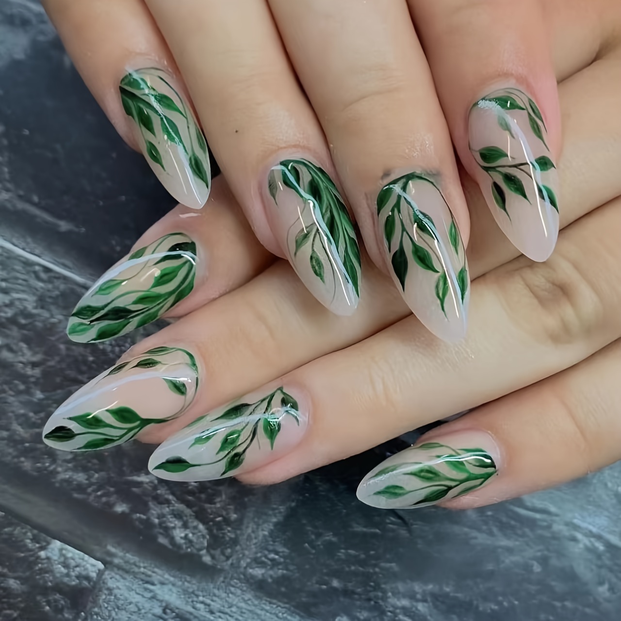 

24pcs Almond-shaped Medium-long Wearable Green Leaf Pattern Press-on Fake Nails, Removable Artificial Nail Tips Set With Glue - Elegant Nature-inspired Design For Effortless Nail Art