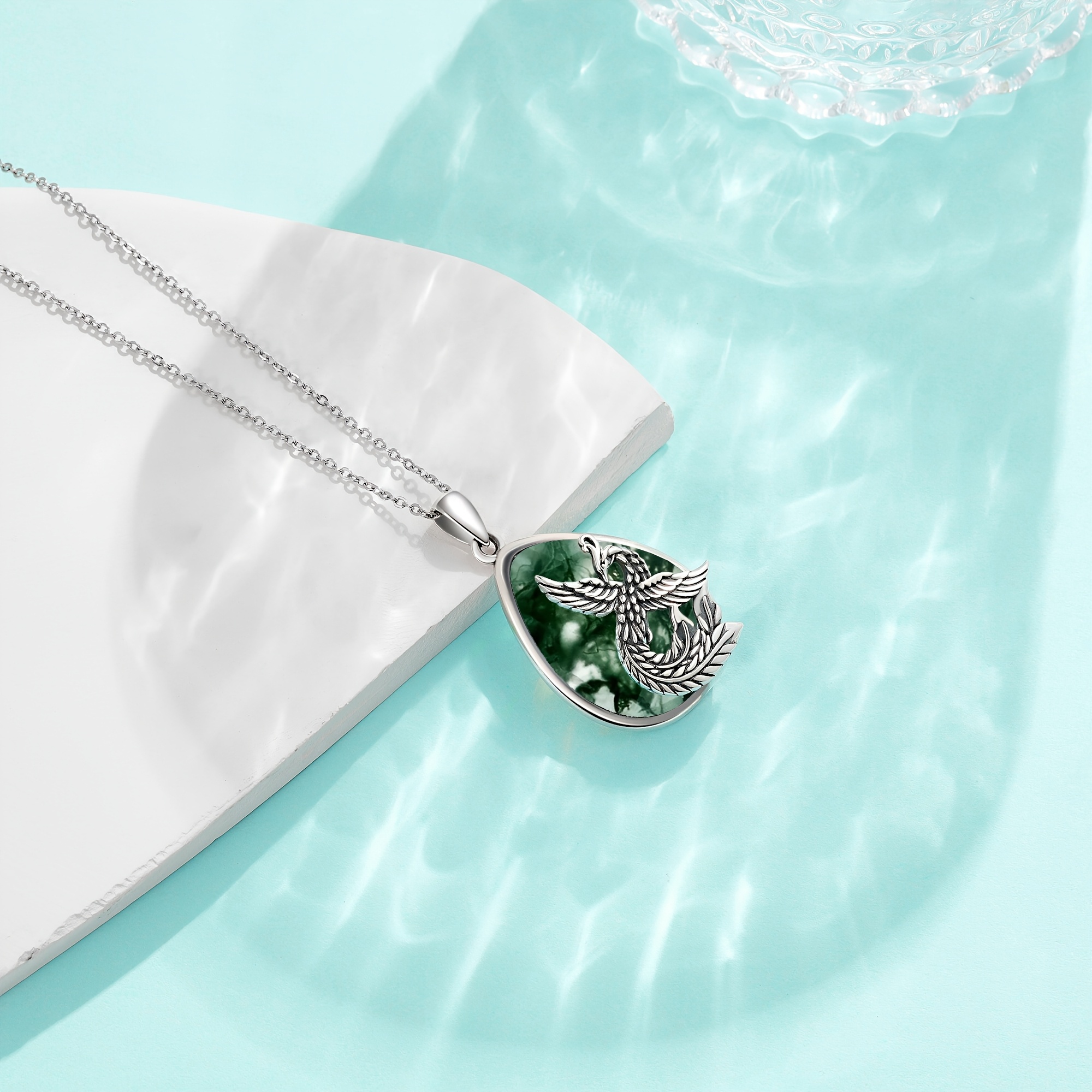 Women's Moss Agate Phoenix Pendant Necklace, 925 Sterling Silver