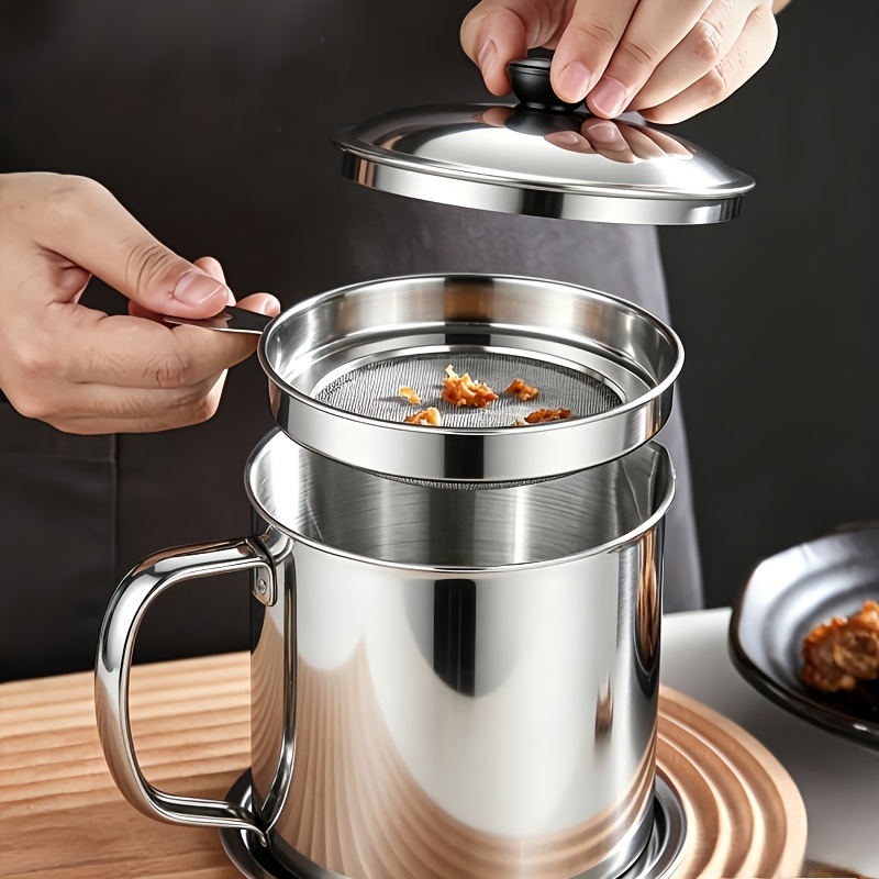 TEMU 1pc Capacity 304 Stainless Steel Oil Strainer Pot With Filter And Dust-proof Lid - Cooking , Storage Container, Heavy-duty For Pan Frying,