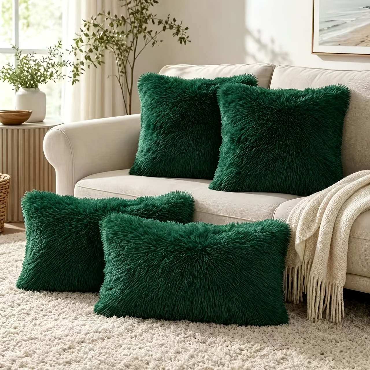 TEMU 4pcs Fluffy Throw Pillow Covers, Assorted Sizes 40x40cm & 30x50cm, Soft Plush Cushion Cases For Sofa Bedroom Living Room Decor, No Inserts