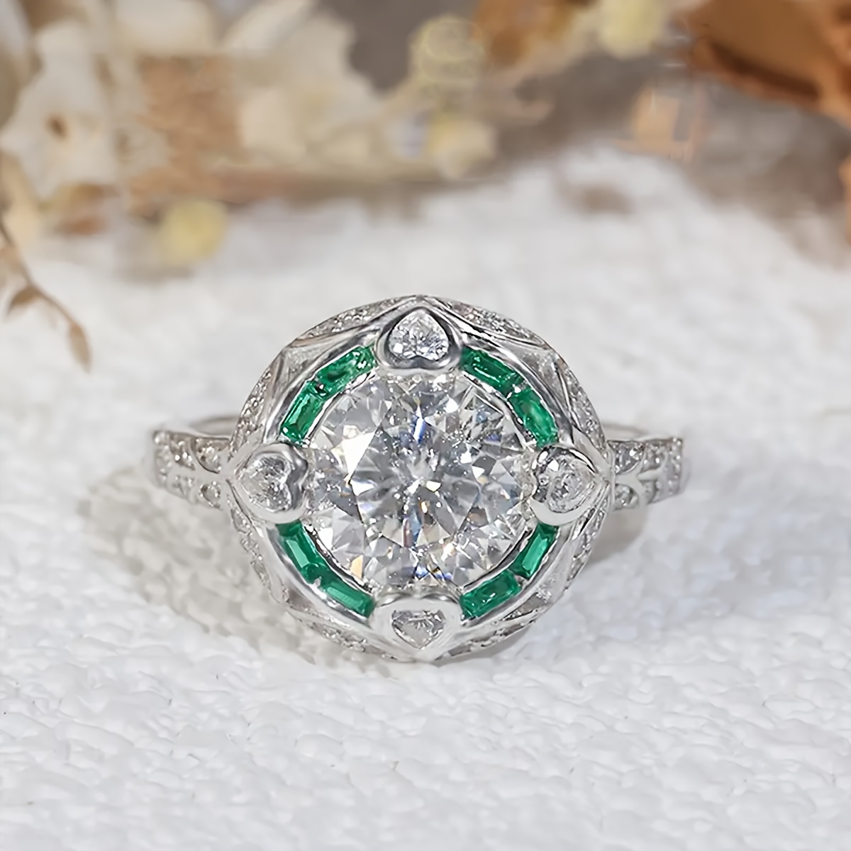 

Elegant Bohemian & Court Style 2ct Moissanite Engagement Ring For Women, 5.6g S925 Silver, Round Cut With Green Accents, Gift Box, Wedding & Valentine's Day