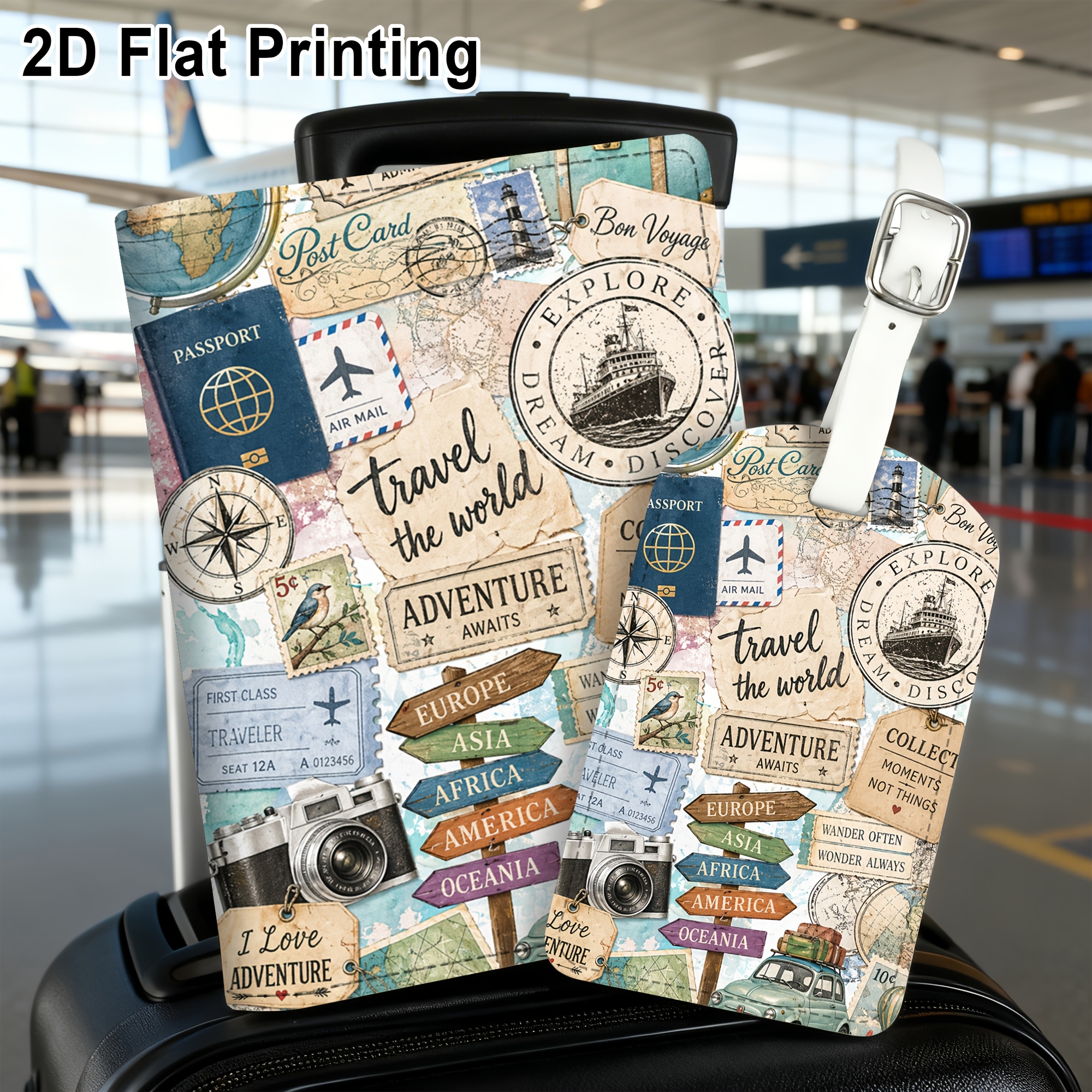 TEMU 2pcs Set Adventure Collage Map Compass Camera Car Postcard Signs Pattern Passport Holder Luggage Tag, Lightweight Pu Material, Suitable For