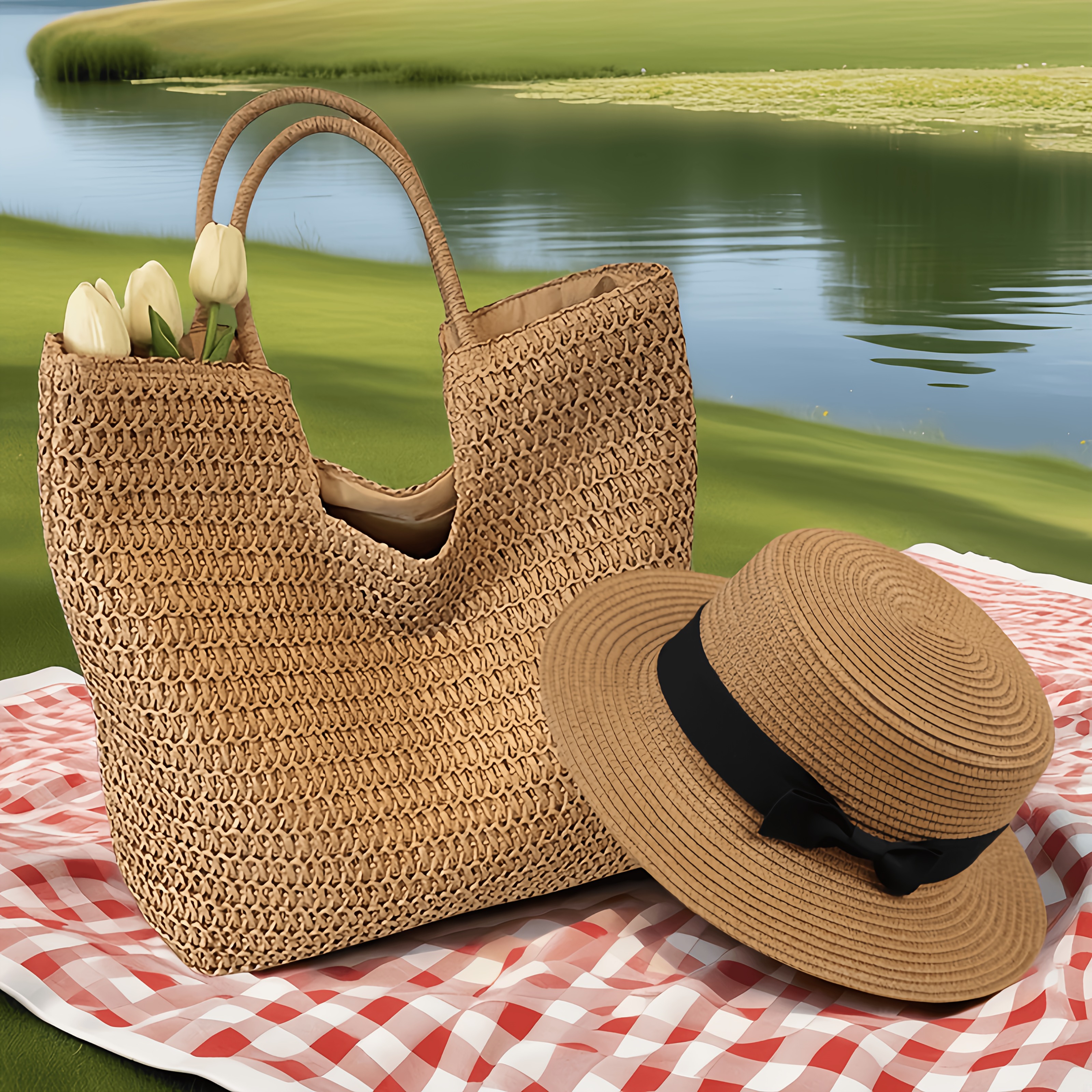 TEMU 1pc/2pcs Set Women's Shoulder Straw Woven Bag   Fashionable Sun Hat, Or A Separate Beach Hat/versatile Vacation Beach Bag, Large Capacity Tote