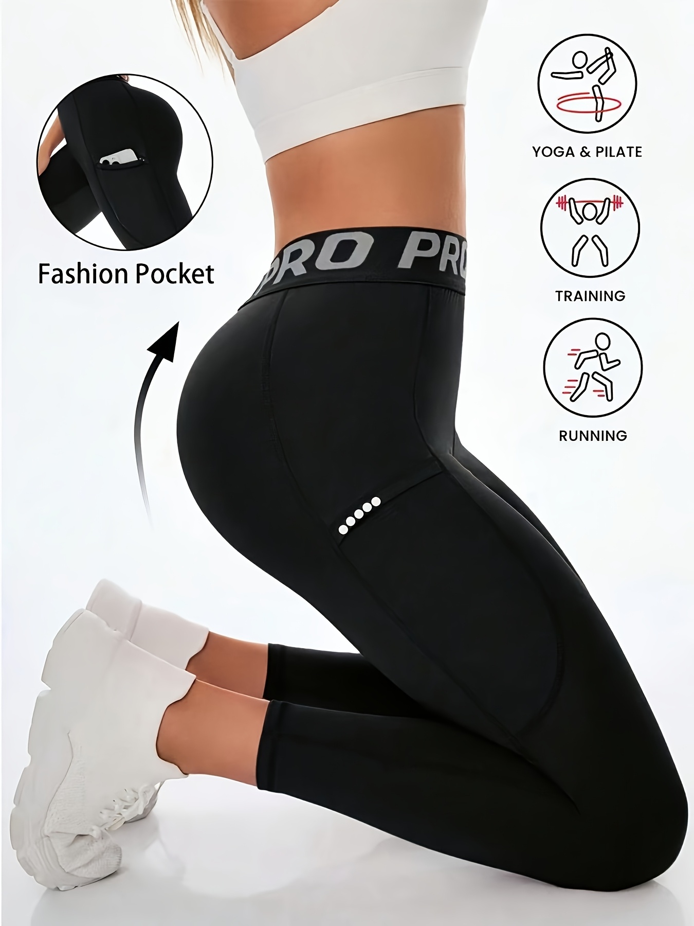 womens high waisted   yoga pants with reflective letter waistband black stretchy workout leggings with side pockets for fitness outdoor activities casual gym leggings highwaisted leggings glossy   fabric black 0