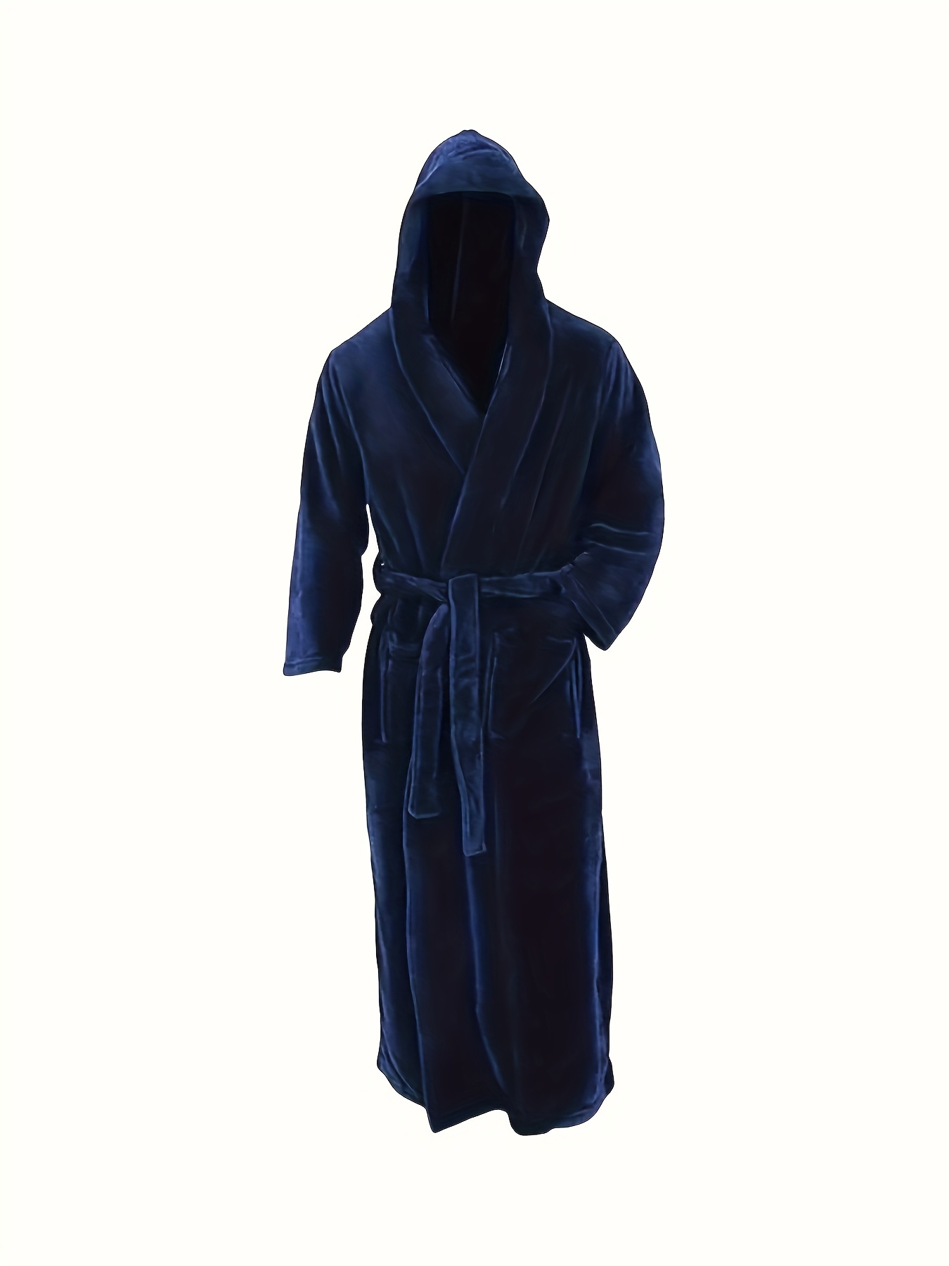 Men's Long Black Fleece Bathrobe with Double Hood - Soft, Breathable, Adjustable Belt, Solid Color, Ideal for Autumn/Winter Comfort