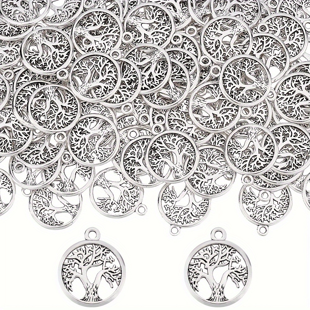 

100pcs Tree Of Set - Flat Round Spring Pendants For Diy Jewelry Making, Necklace, Bracelet & Earring Crafts - Zinc Alloy