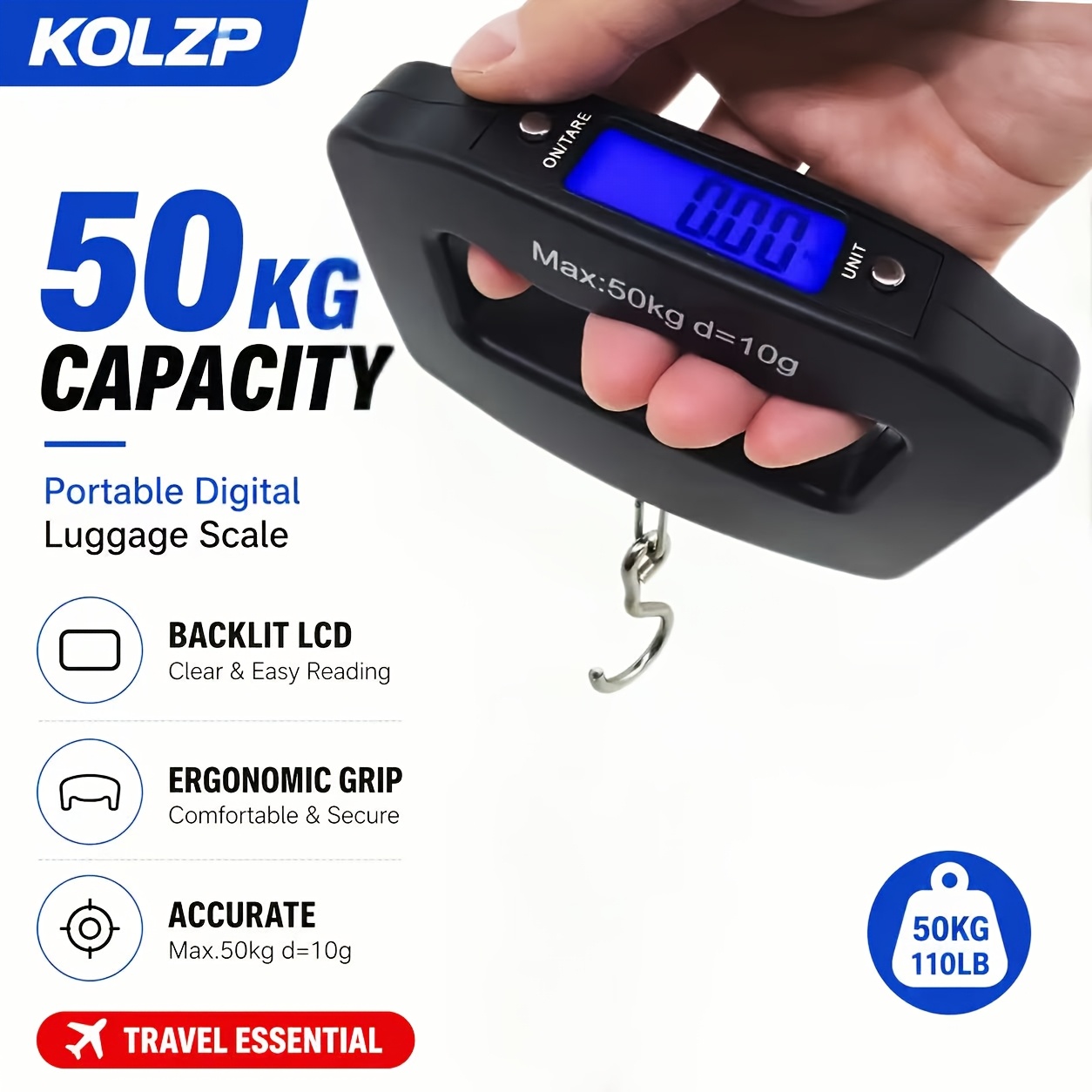 1pc 110Lbs/50Kg Digital Handheld Luggage Hanging Luggage Scale, Handheld Scale, Mini Portable Electronic Scale, Fast Scale with Backlit LCD Display, Travel Essentials, Batteries Not Included, Christmas Thanksgiving New Year Gift