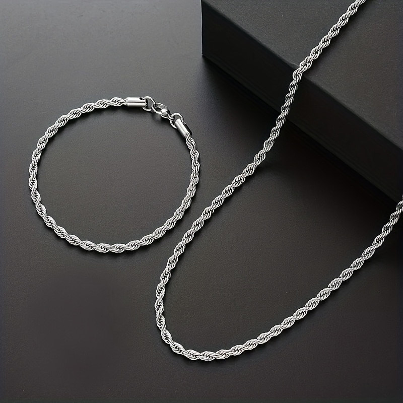 E-shop 2-teiliges Set 3 mm breite Edelstahl-Twist-Kette Halskette Armband Set, Herren-Modeschmuck Set, Geburtstagsgeschenk für Männer, Urlaubsgeschenk
