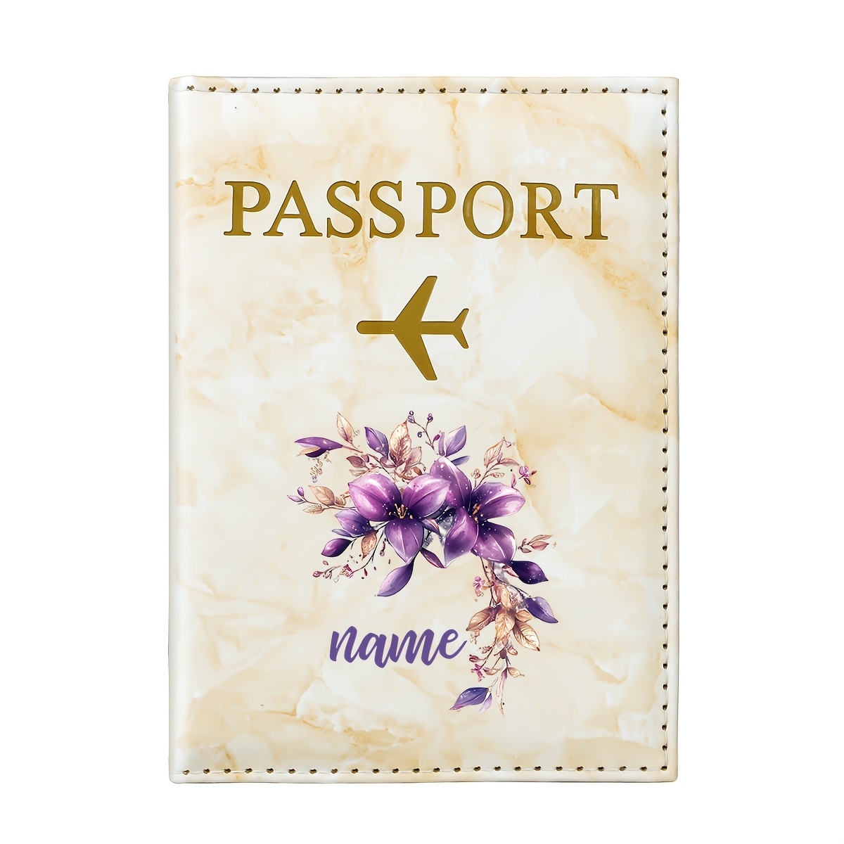 TEMU 1pc, Personalized Name Custom Purple Floral Watercolor Style Pu Passport Holder, Featuring A Design With Purple Flowers, Foliage Elements, Name
