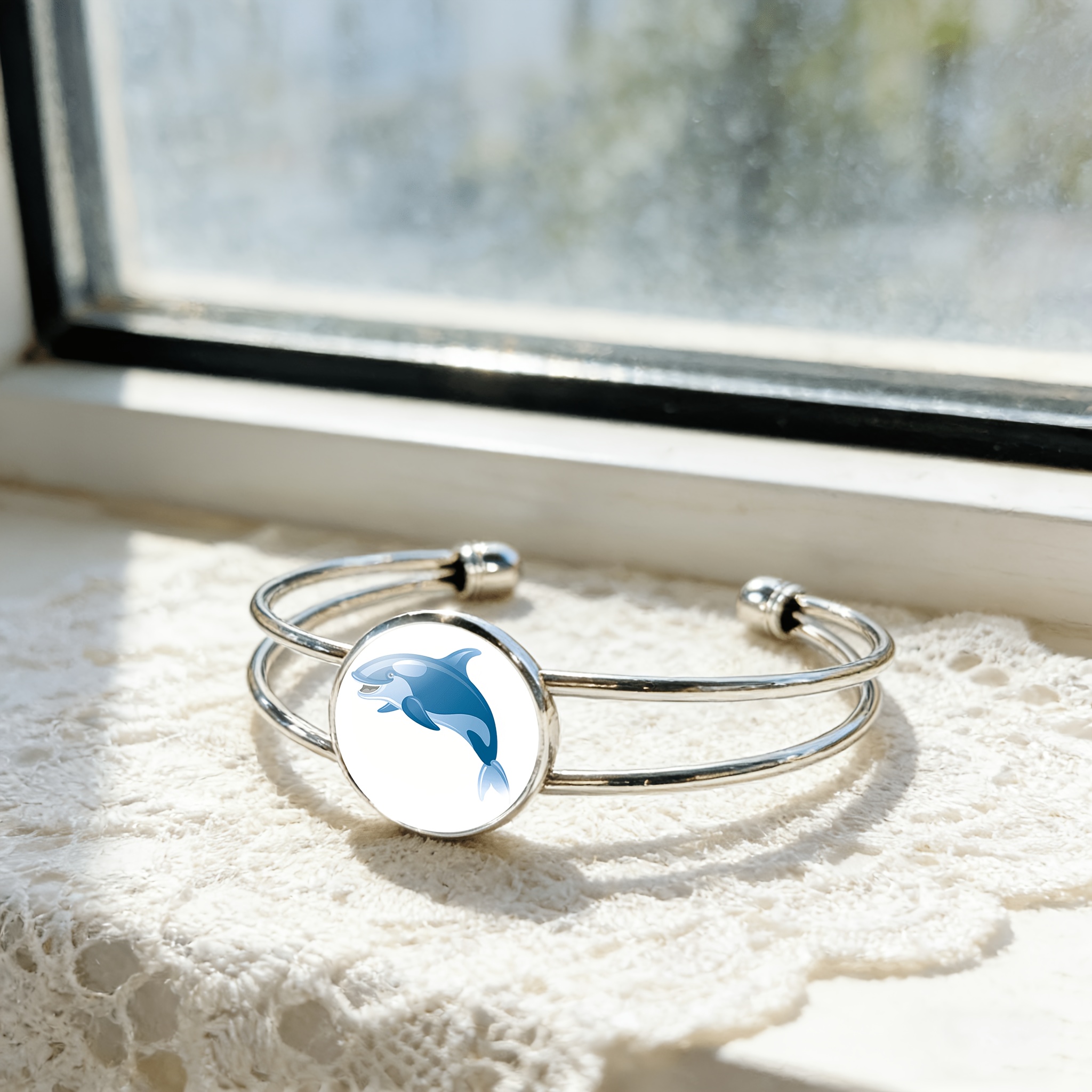Women's Adjustable Open Bangle with Dolphin Design