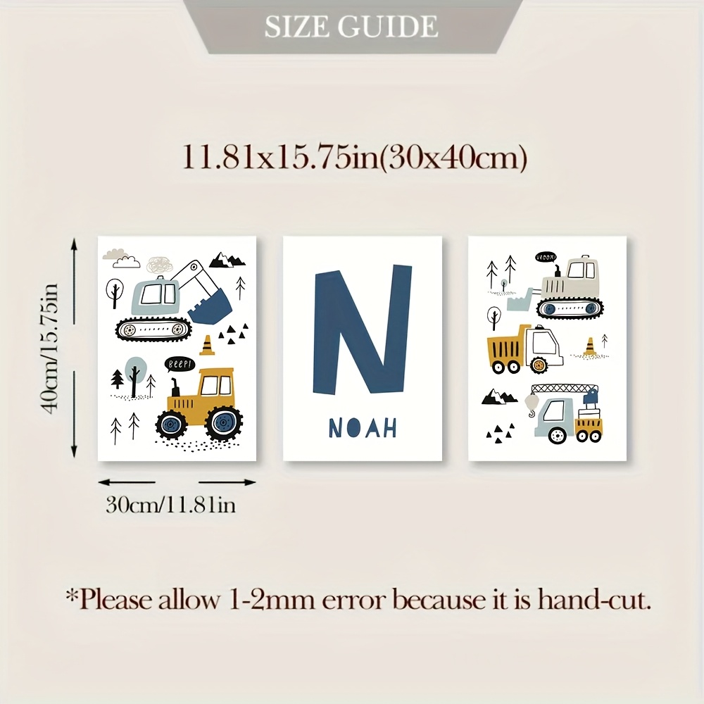 TEMU 2d Flat, 2d Flat, 3pcs Blue Name Canvas Poster Cartoon Excavator Crane Truck Tractor Art Poster For Boys Girls Bedroom Nursery Decoration Wall