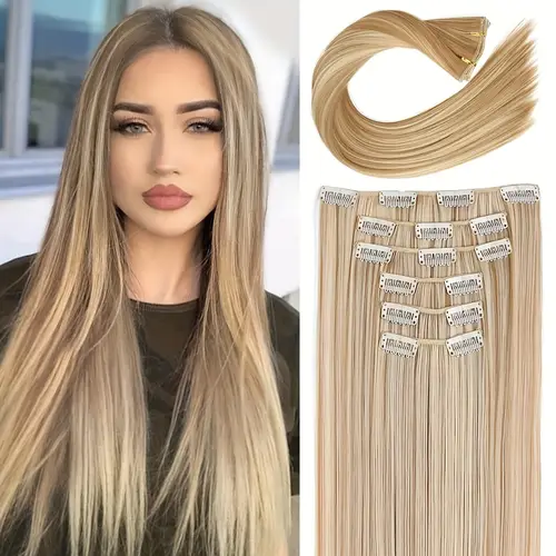 24 inch clip in straight synthetic hair extensions 6pcs balayage pale blonde double weft for women high temperature fiber versatile style for all