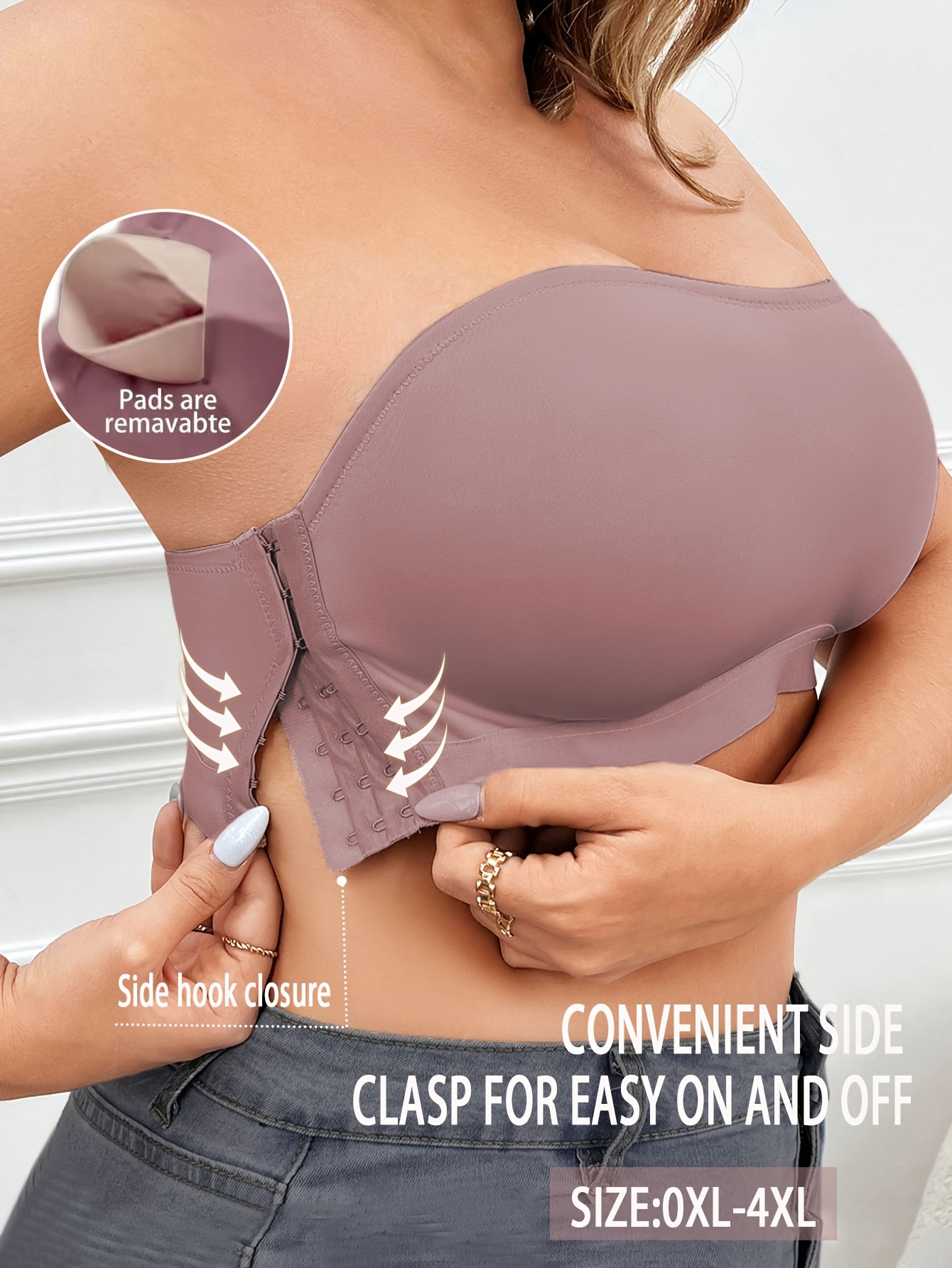 plus size womens comfortable bra with removable chest pads soft stretchy solid color round neck side opening design no underwire machine washable for everyday special occasions casual to formal wear