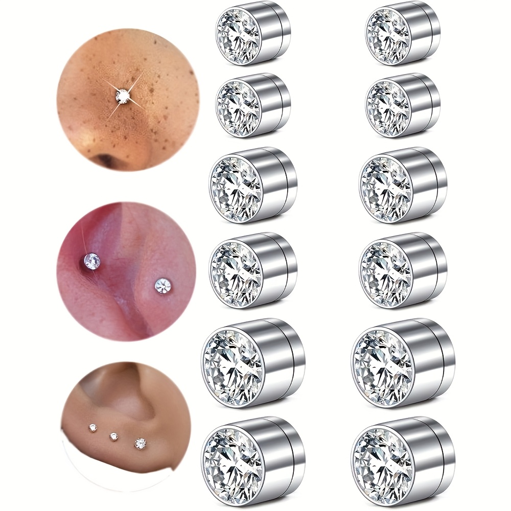 12pcs Stainless Steel Clip-On Nose Studs & Lip Rings with Sparkling Synthetic Synthetic Zirconia - No Piercing Required, 3mm 4mm 5mm Sizes, Elegant & Hip Hop Style for Casual Attire or Parties