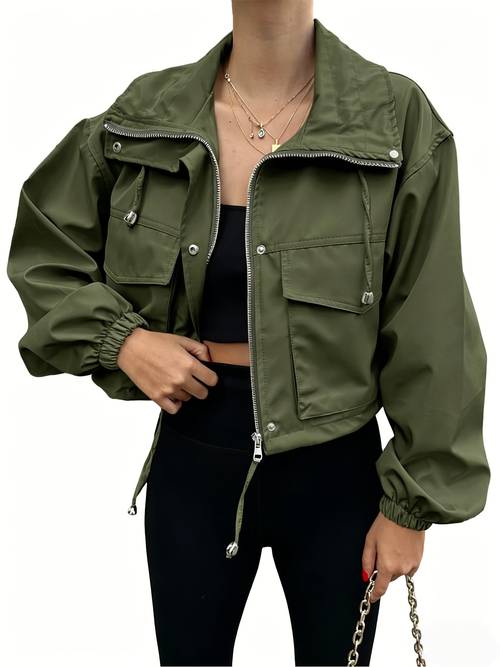womens cropped jacket zip up lightweight oversized utility coat with pockets
