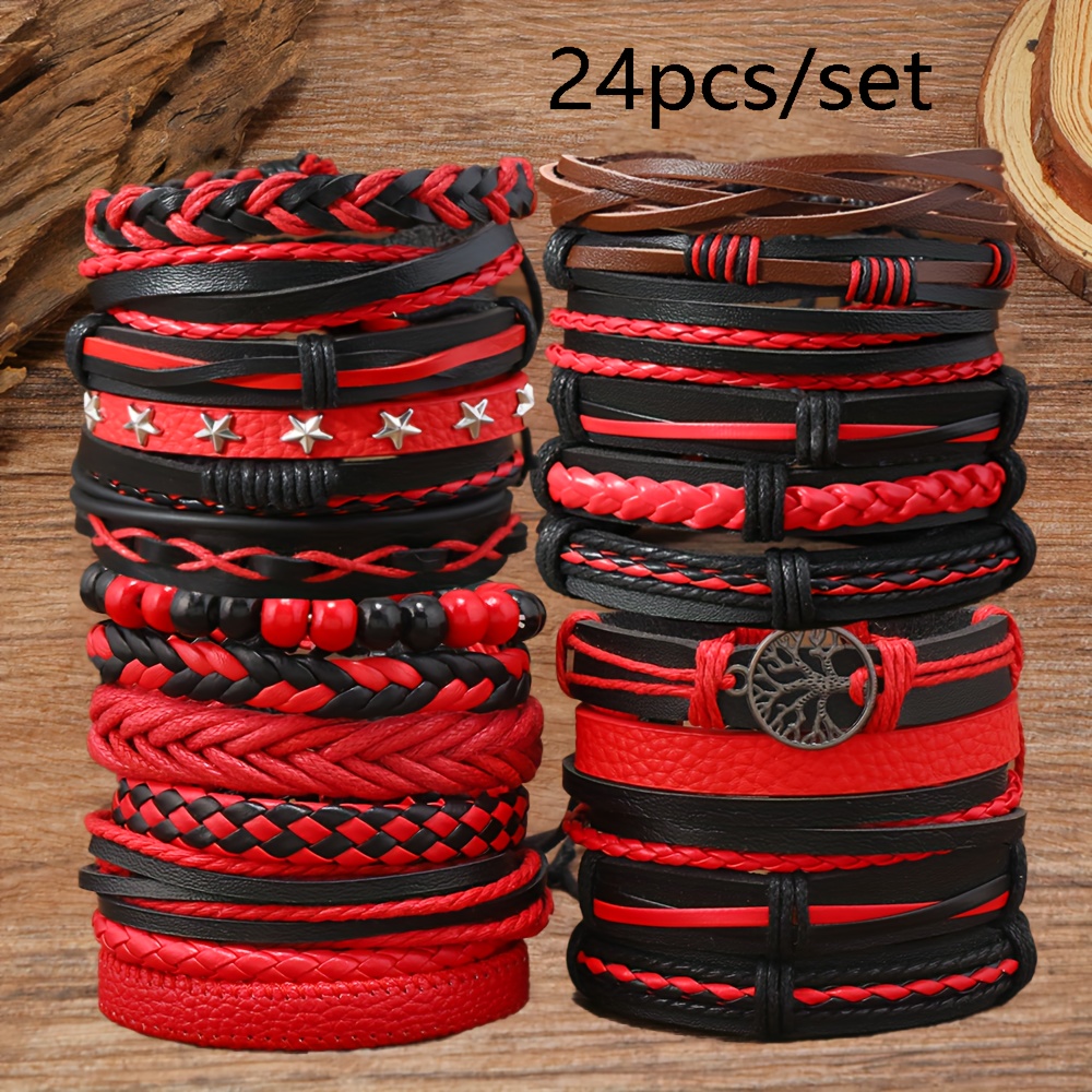 E-shop 24-teiliges Lebensbaum--Accessoire-Set in Schwarz Rot aus PU-Leder, verstellbares Unisex-Geschenkset Armband, spirituelles Accessoire, modisches