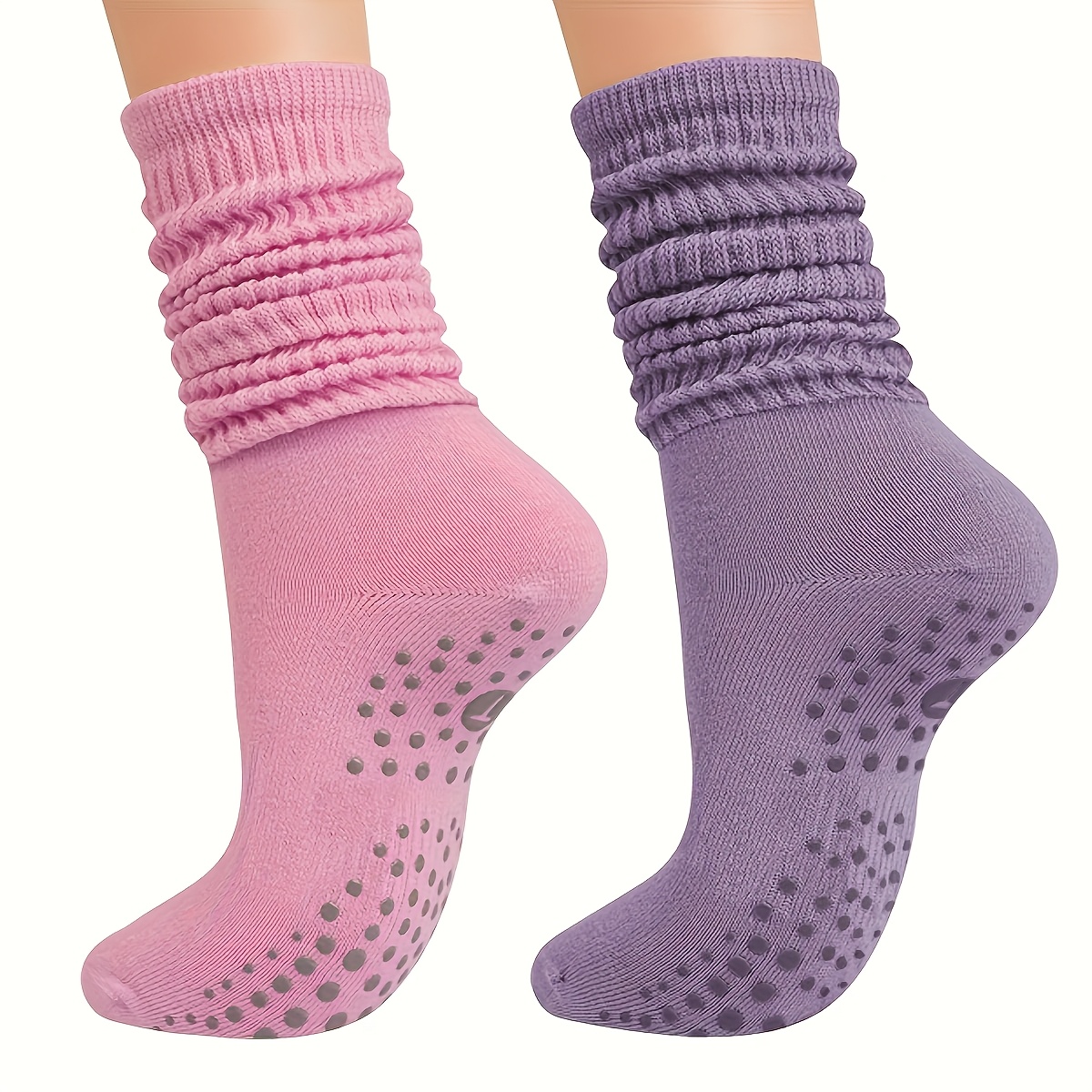 E-shop 2 Paar einfarbige rosa-lila Socken mit langem Futter, leuchtende Pilates-Sport-Fitness-Yoga-Socken, rutschfestes Design, Anti-Rutsch-Socken für