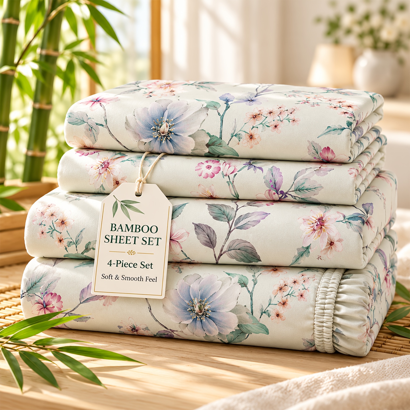 TEMU Queen Size Watercolor Floral Printed 4pcs Sheet Set, 14 Inch Deep Pocket Fitted Sheet, Envelope Pillow Cases, Decorative Bedding For Apartment