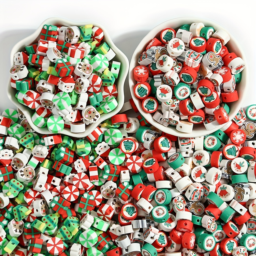 

100pcs Christmas Polymer Clay Beads Set, Santa Claus Snowflakes & Tree Designs, Spacer Beads For , Charms, Bracelets, Necklaces, Handmade Craft Accessories