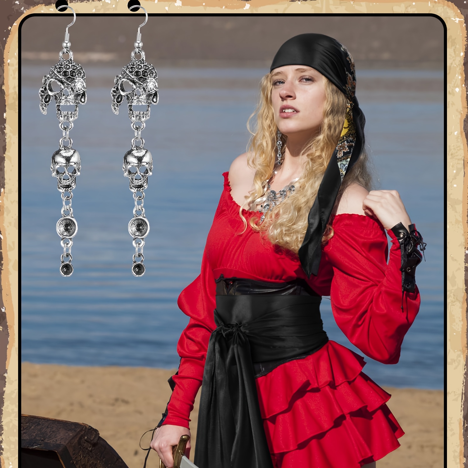 4pcs Pirate Costume for Women with Pirate Head Scarf, Waist Belt, Necklace  and Earrings, Classic Pirate Costume for Renaissance Period Cosplay