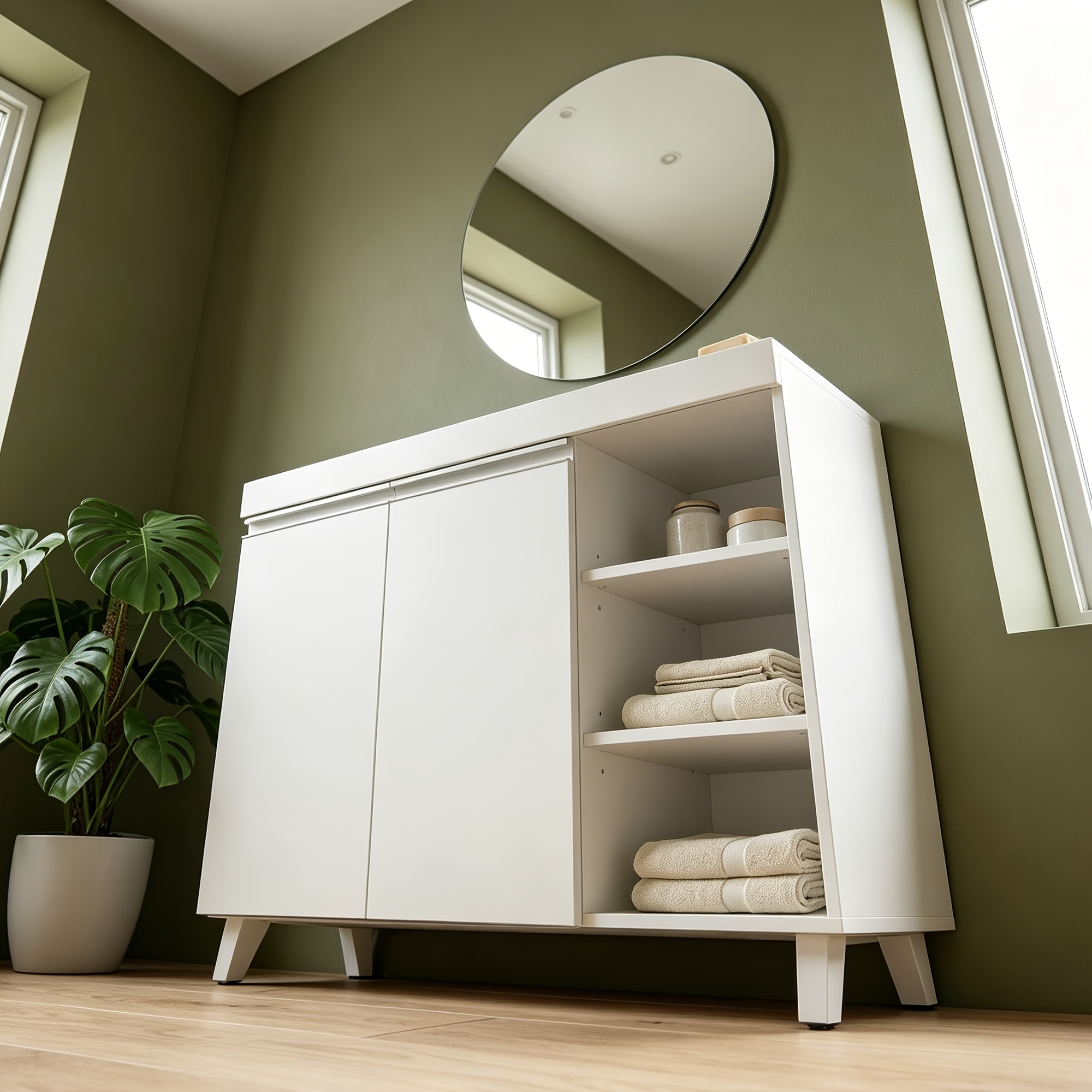 Image of Modern Minimalist White Vanity Table, 31 X 91 X 65cm, Floor-standing Double-door Three-compartment Storage Cabinet With Adjustable Shelves, Freestanding Bathroom Unit