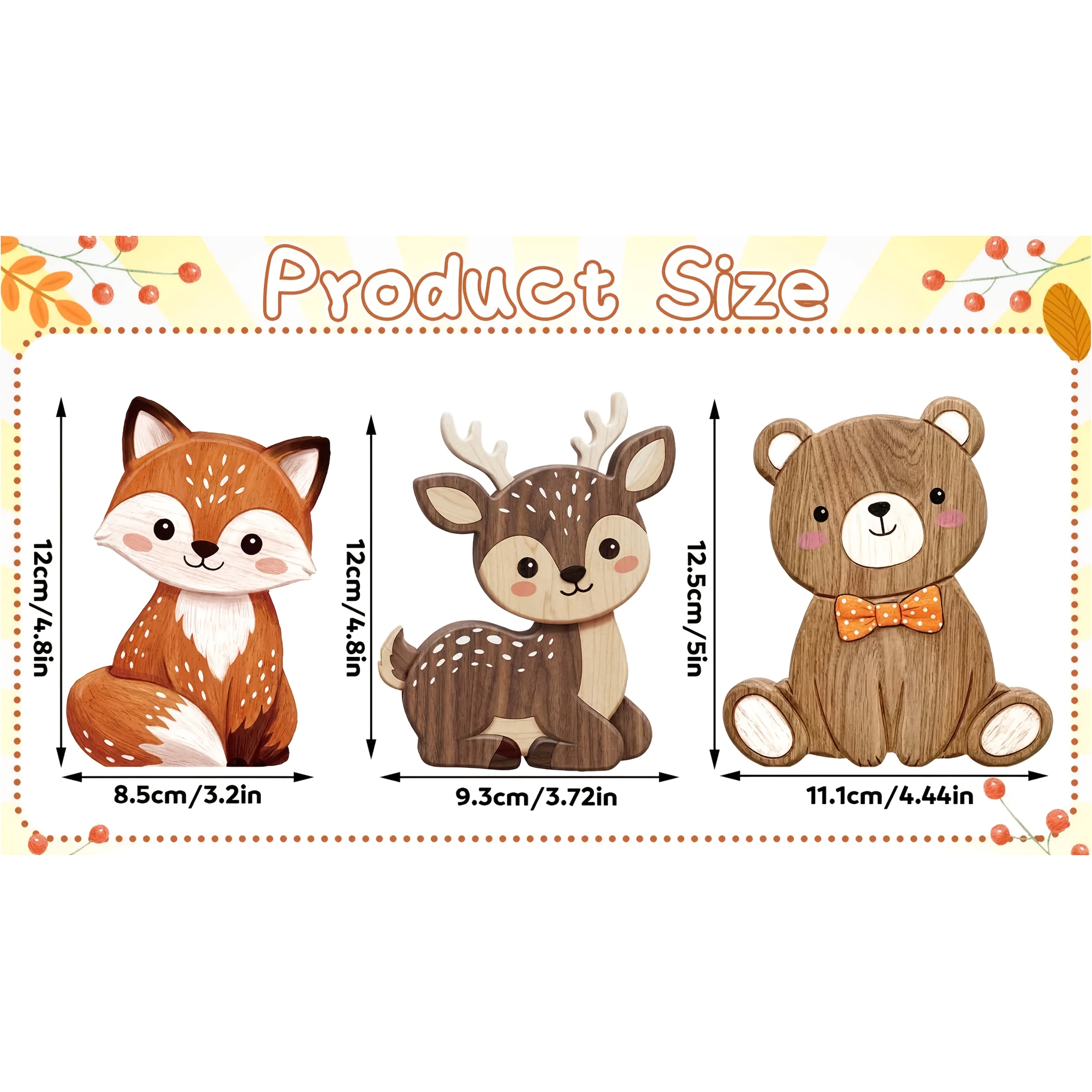 TEMU Plat 2D, 3 pièces Décoration plate 2D en bois sur le thème des animaux vintage, Ensemble de décoration mignonne d'animaux, Inclut un adorable de