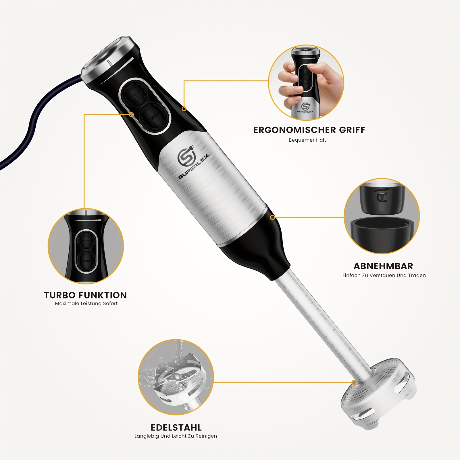 E-shop SUPERLEX 600W Stabmixer - Lebensmittelechter Edelstahl-Schneebesen, 2 Geschwindigkeiten (Weiche/Harte Lebensmittel) für