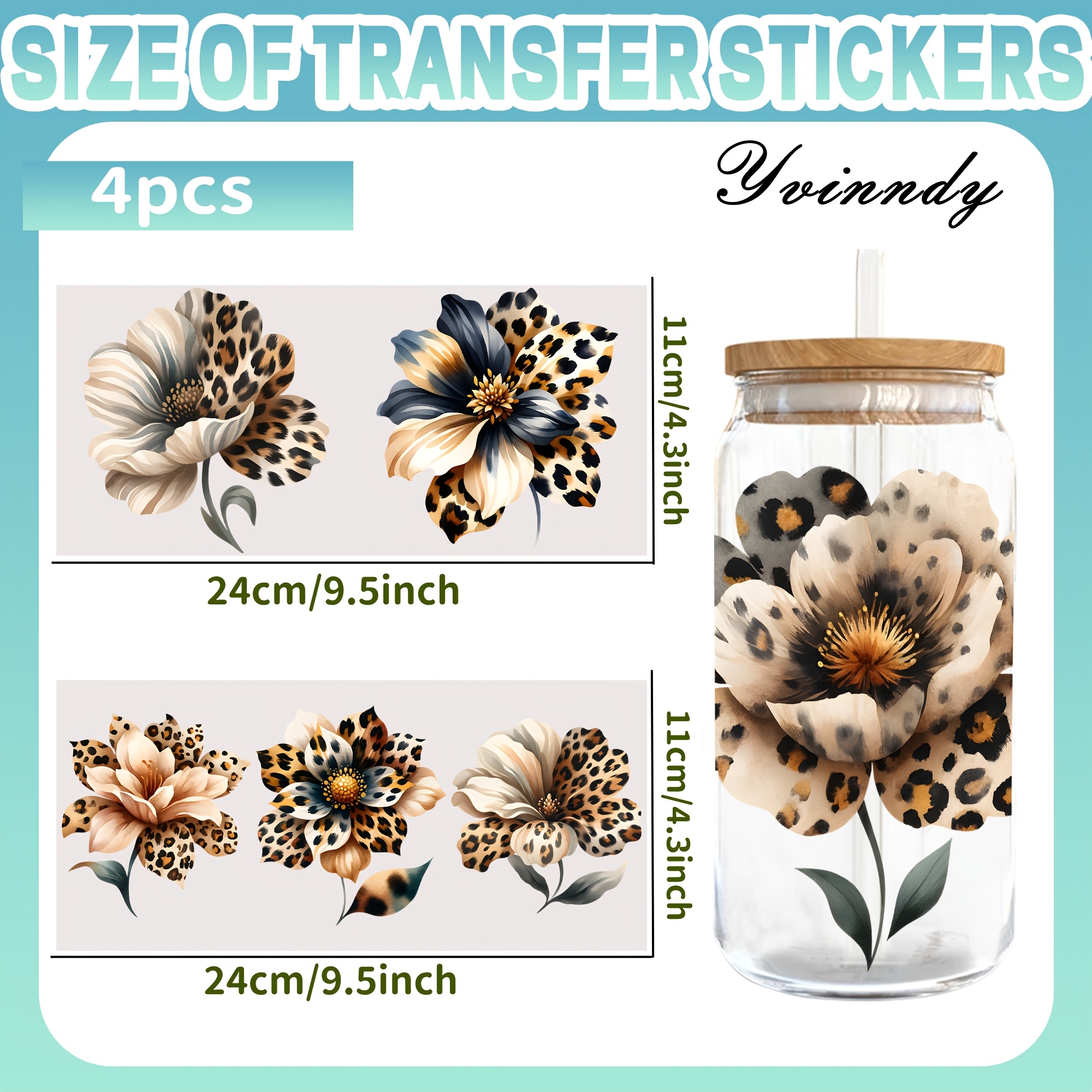 E-shop 4er-Set Leopardenmuster-Hibiskusblüte DIY Hellbeige Trinkbecher-Folie, dekoratives Transferpapier, UV-DTF, hoch selbstklebende Folien-Transfers,