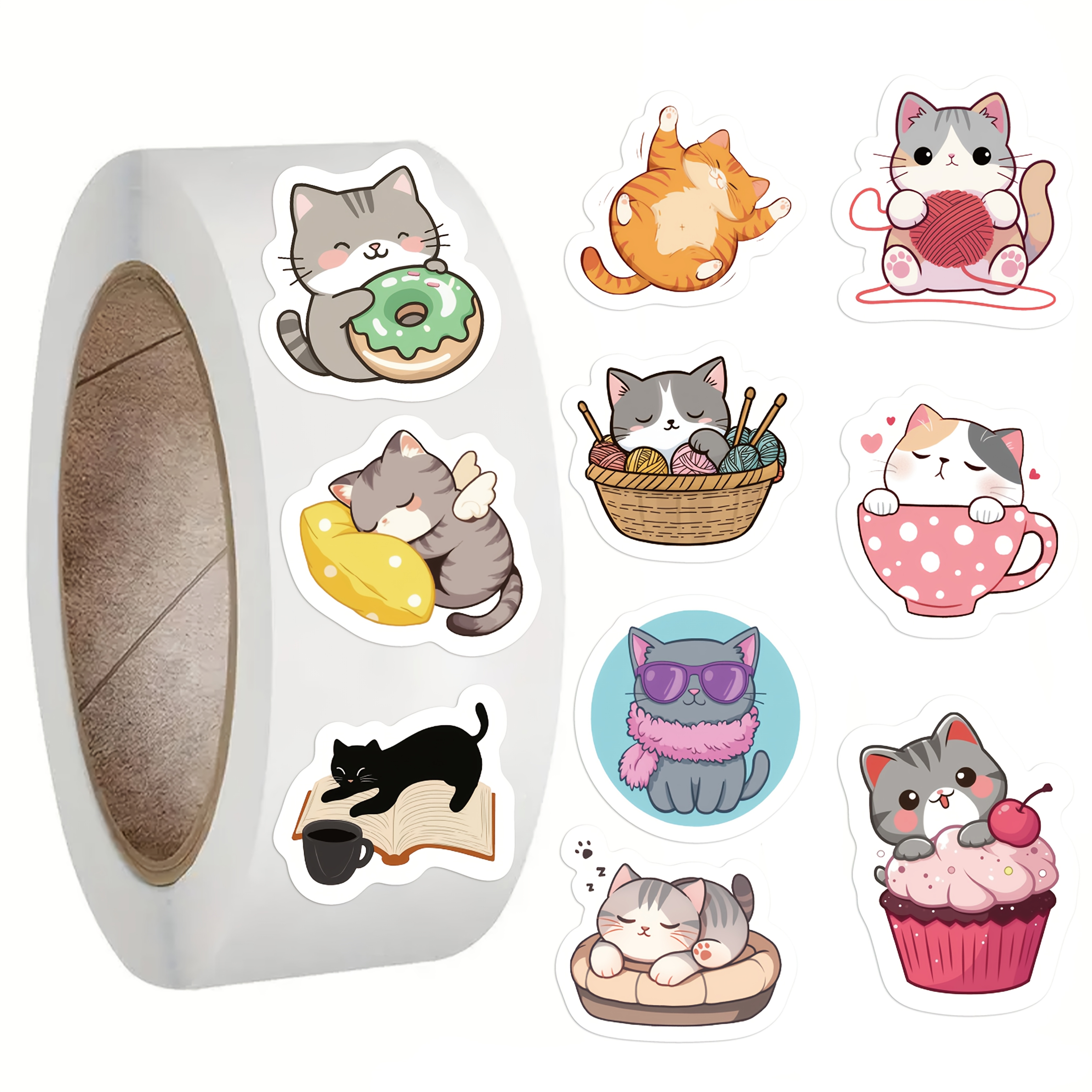 Image of 1 Roll Of 500 Cartoon Curly Cat Stickers For Refrigerators, Luggage, Phone Cases, Laptops, Birthday Gifts, And Holiday Reward Decals