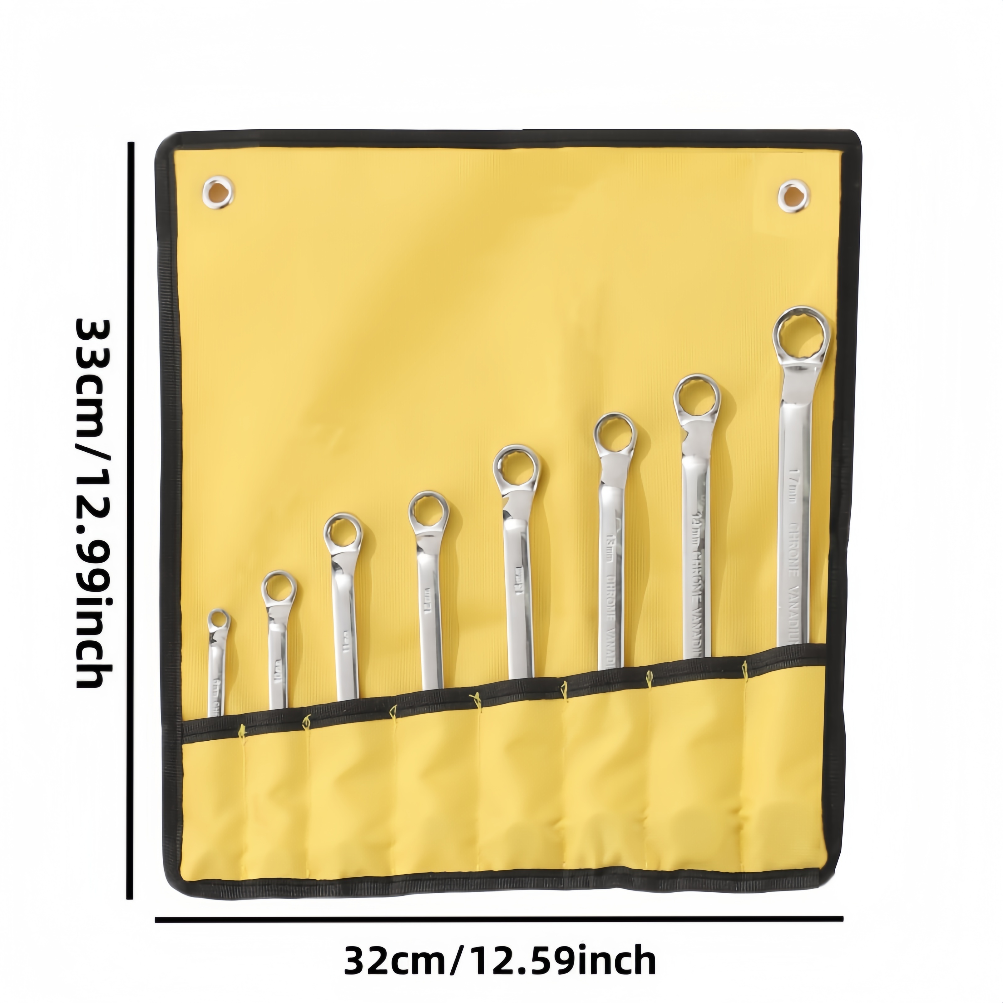 Image of Offset Box Wrench Set, Metric, Set Of 8, 6-24mm, 60 Degree, Steel, In Rolling Pouch Yellow Abrasion-resistant Canvas Bag Portable Tool Set Hand Tools Auto Repair Tools