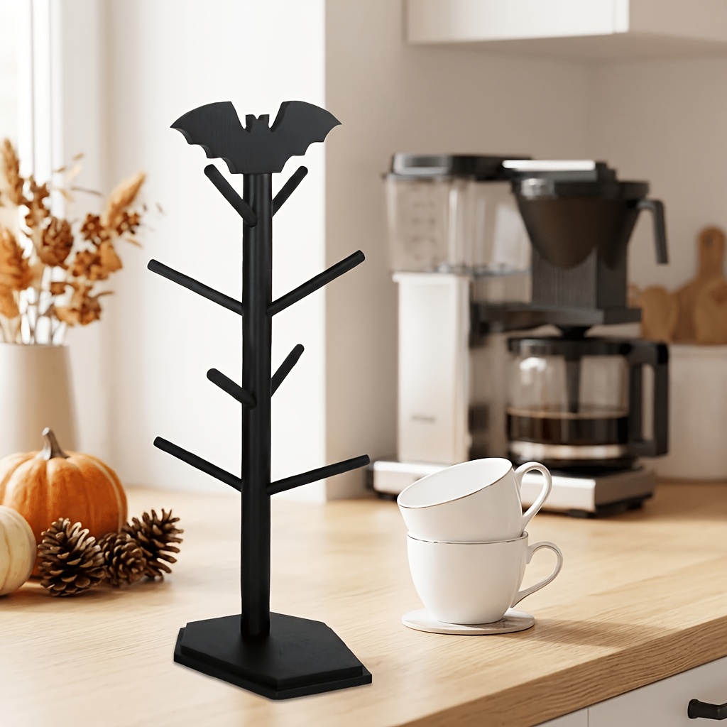 TEMU Gothic Bat-shaped Mug Holder Tree - 8-hook Shelf, Party Supplies Set, Decor - Wooden Mug Holder, Tabletop Suitable - Halloween Party Supplies