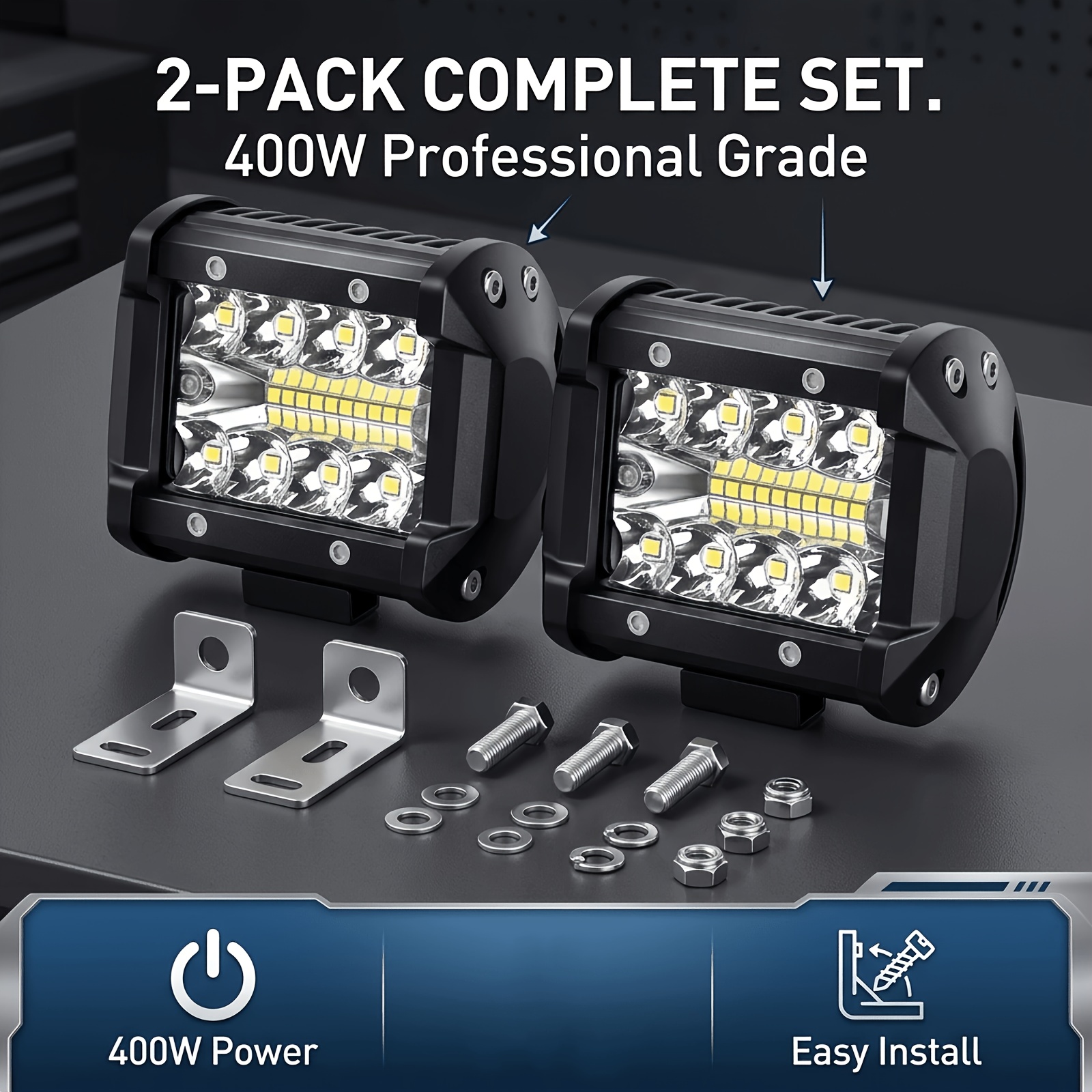 TEMU 2 Pack 400w Led Pod Work -road Field Lights, Spot Flood Combo Lamp With Complete Mount Hardware Kit, Led Lamp For Atv Utv Suv Boat Motorcycle