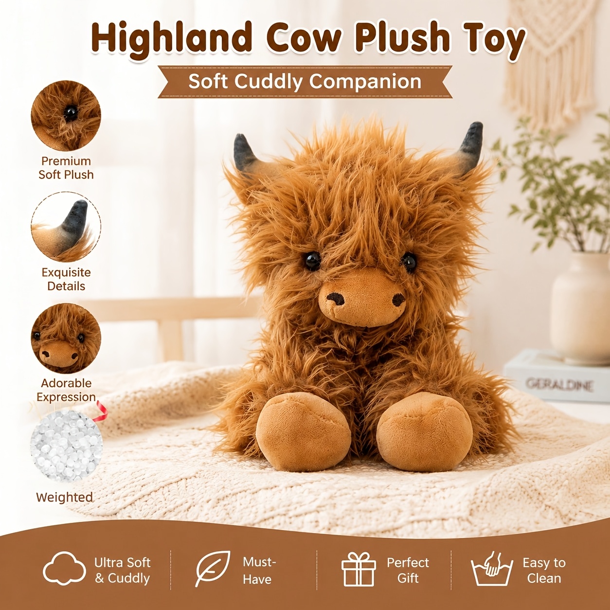 Image of 1lbs Weighted Highland Cow Plush-calming Stuffed Animal For Anxiety Relief, Soft Cuddle Buddy, Christmas Birthday Gift For Boys And Girls
