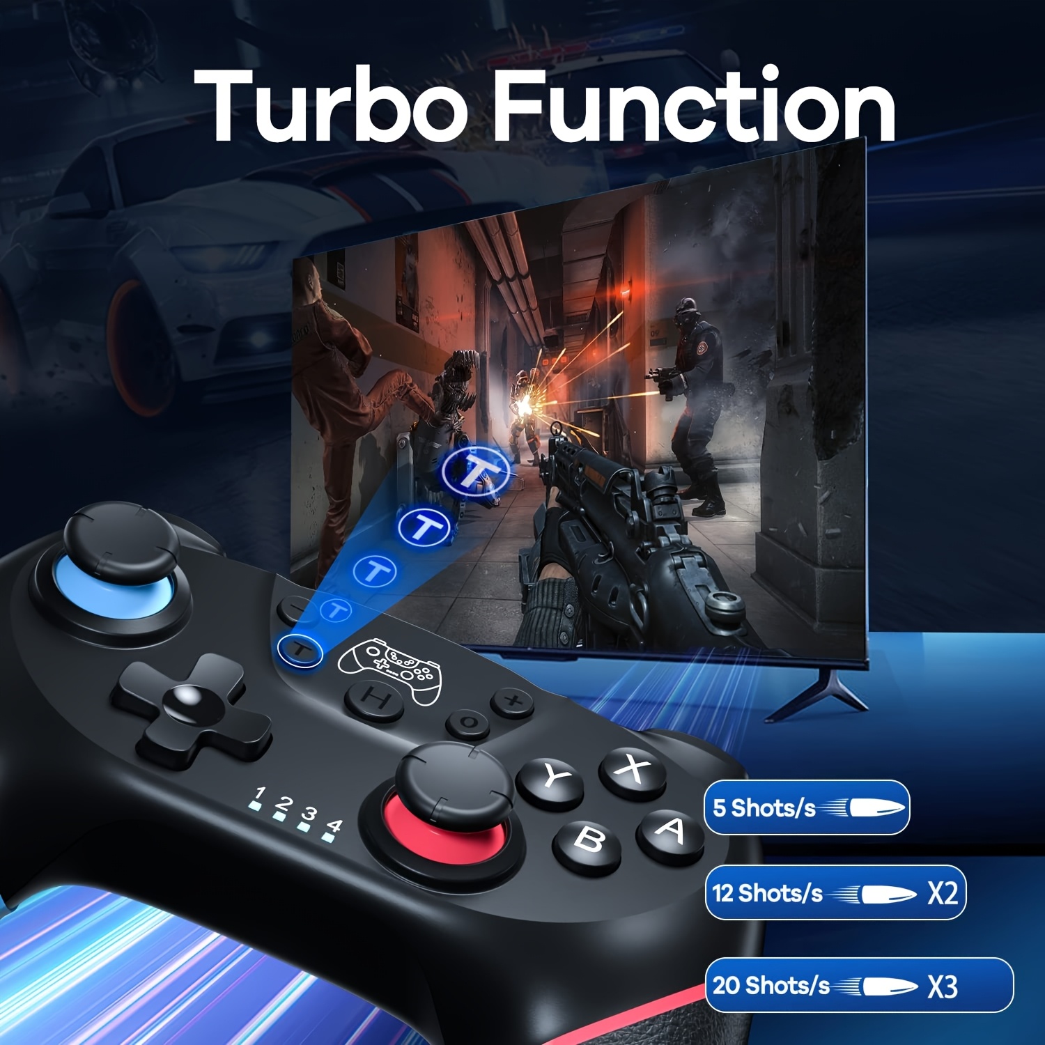 Wireless Professional Controller for Switch, Switch Lite, Switch OLED - Motion Sensing, Adjustable Turbo, Dual Analog Sticks, Blue & Red Accents, Ideal for PC/IOS, Gaming Controller|Ergonomic Design|Adjustable Turbo