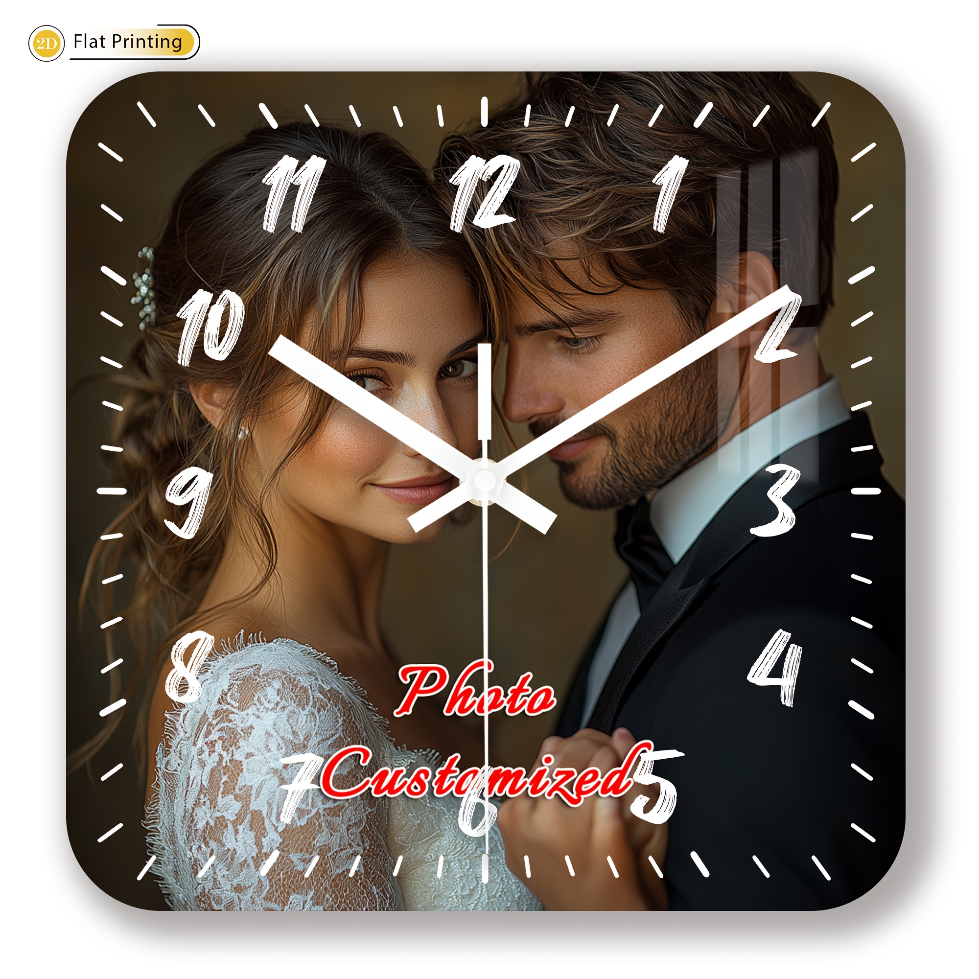 E-shop Wanduhr im Hochzeitsmotiv, 1 Stück quadratische, leise Wanduhr, personalisierte Quarzuhr mit Foto, für Schlafzimmer, Wohnzimmer, Büro, für