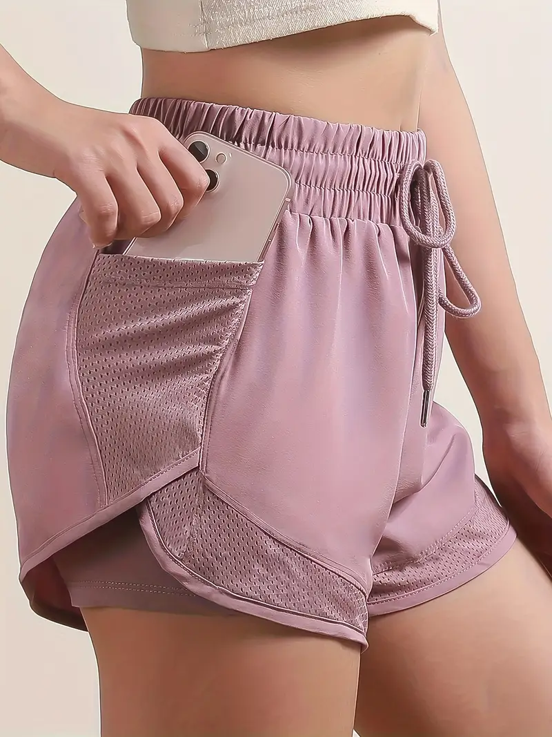 womens 2 in 1 shorts dry mesh pockets elastic waistband drawstring comfortable fitness gym workout shorts details 3