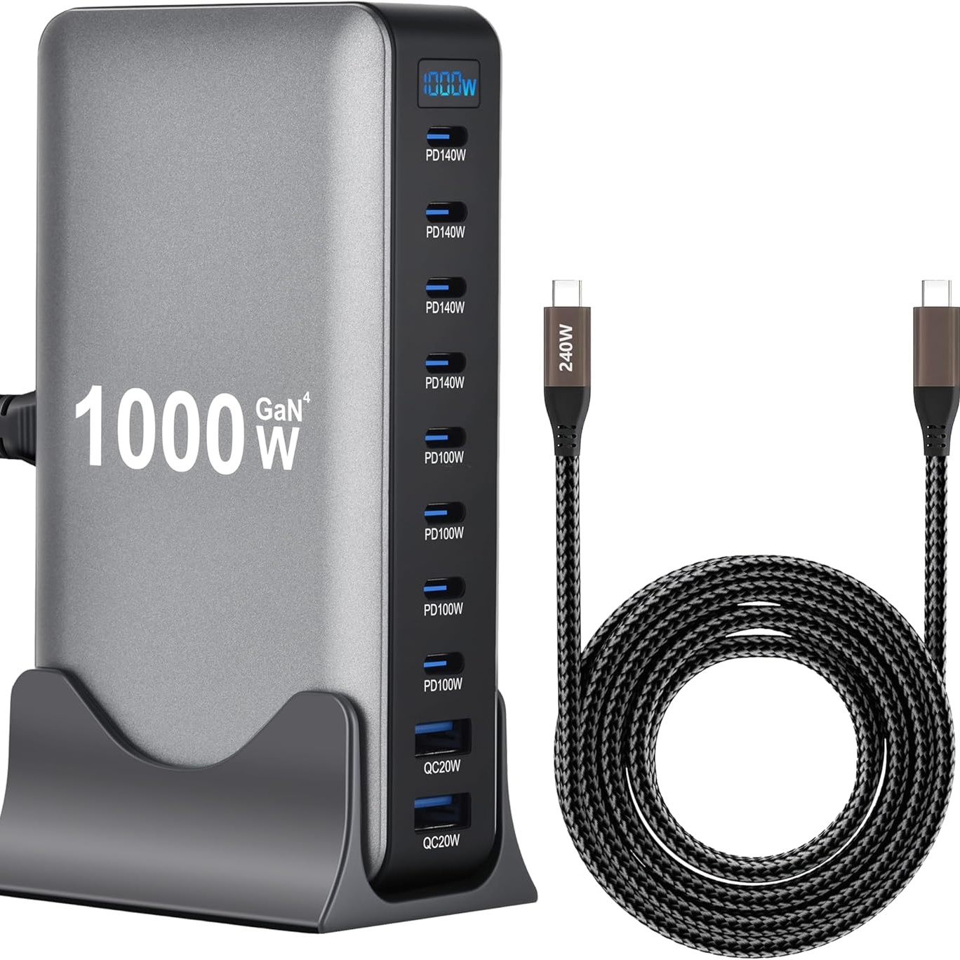 TEMU 1000w Usb-c Gan Charger 10-in-1 Charging Block With 4 * 140w Pd + 4 * 100w Pd + 2 * 20w Usb Ports, Includes A 240w 3.3ft Data Cable, Laptop Wall