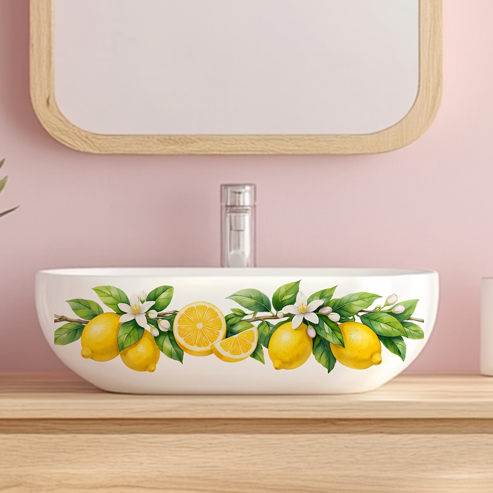 TEMU 1pc Watercolor Lemon Flower Branch Self-adhesive Glass Sticker Fresh Flowers And Green Leaves Decorative Sticker Bathroom Sink Kitchen Tile