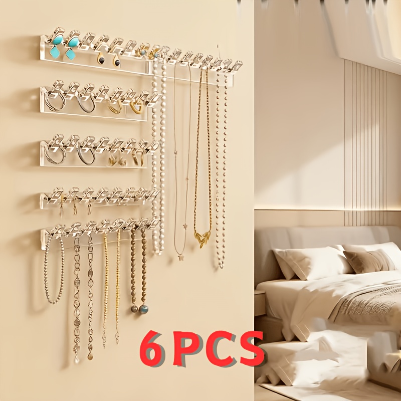 TEMU 6pcs Wall-mounted Storage Rack, 8-hook Transparent Acrylic Jewelry Organizer, Space-saving Multi-functional Storage Rack, Durable With Polished