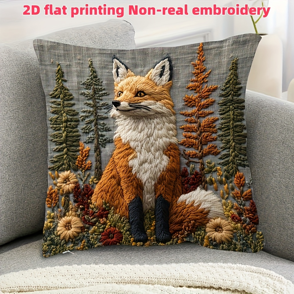 TEMU Taie d'oreiller décorative 2D plate - 1 pièce, imprimé 2D plat de renard , broderie non réelle, impression , 18X18 pouces, avec embellissement