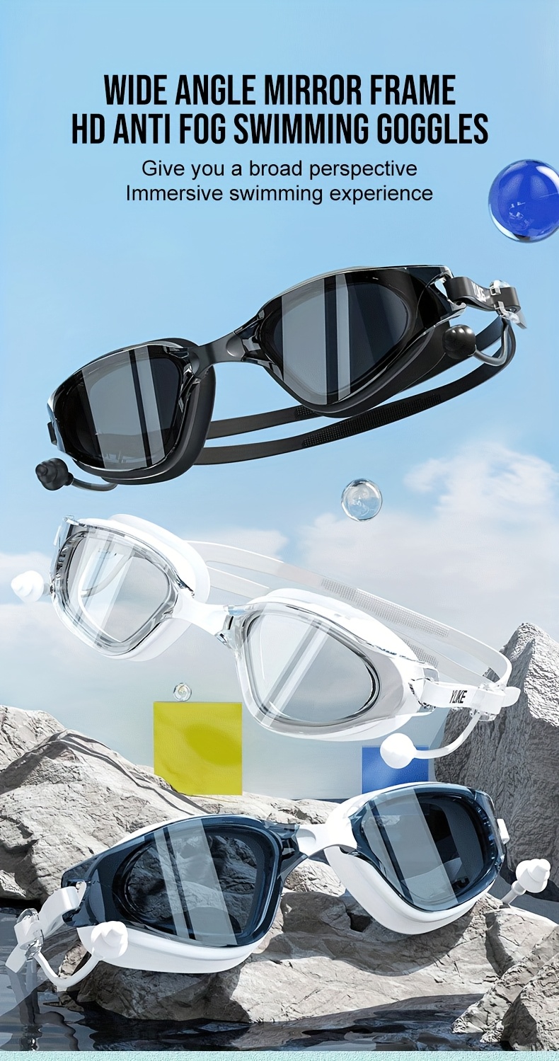 Adult high-definition swimming goggles, made of durable PC material, leak proof, with non fogging lenses and a frame design that provides a wide field of view. Available in black, white, and blue, unisex