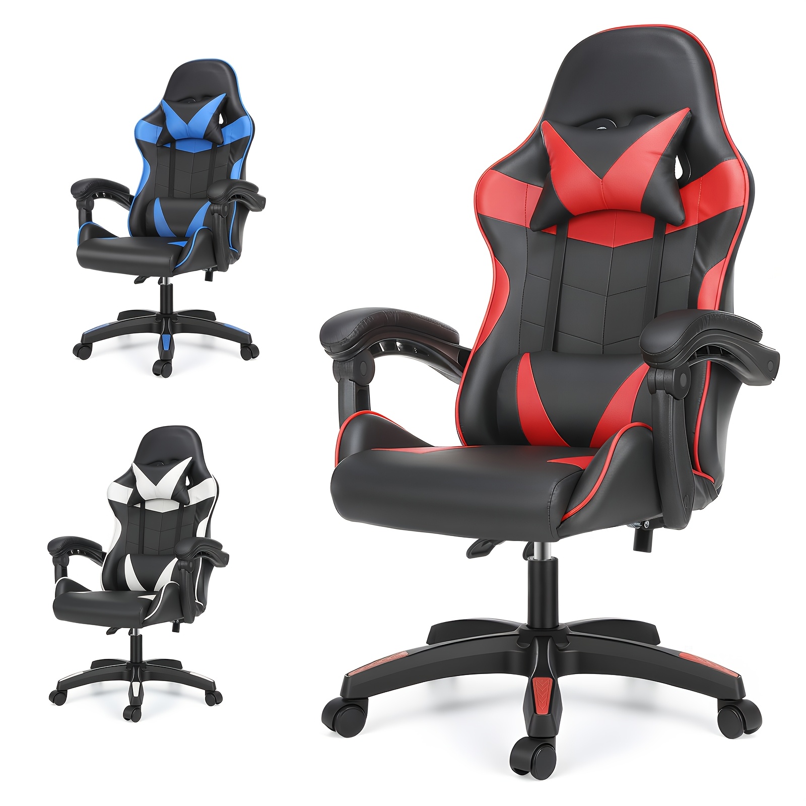 Ergonomische Gamingstoel Compatibel voor PC/Kantoor - Zware Hoogrugleun Stoel met Verstelbare Lendensteun & Hoofdsteun, Gepolst Kunstleer, Soepel Rollende Wieltjes, Stevige Metalen Basis - (Montage)