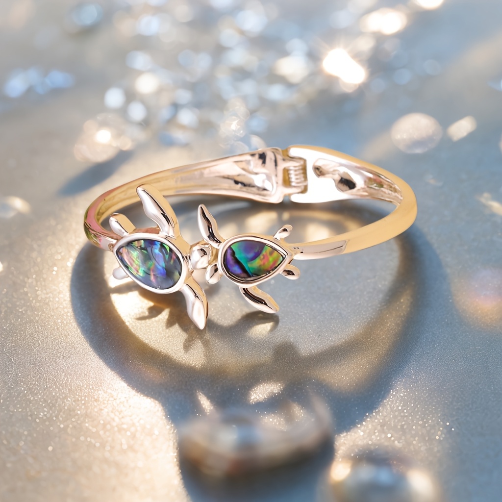 Women's Ocean Themed Zinc Alloy Turtle Open Bracelet with Abalone Shell Charm