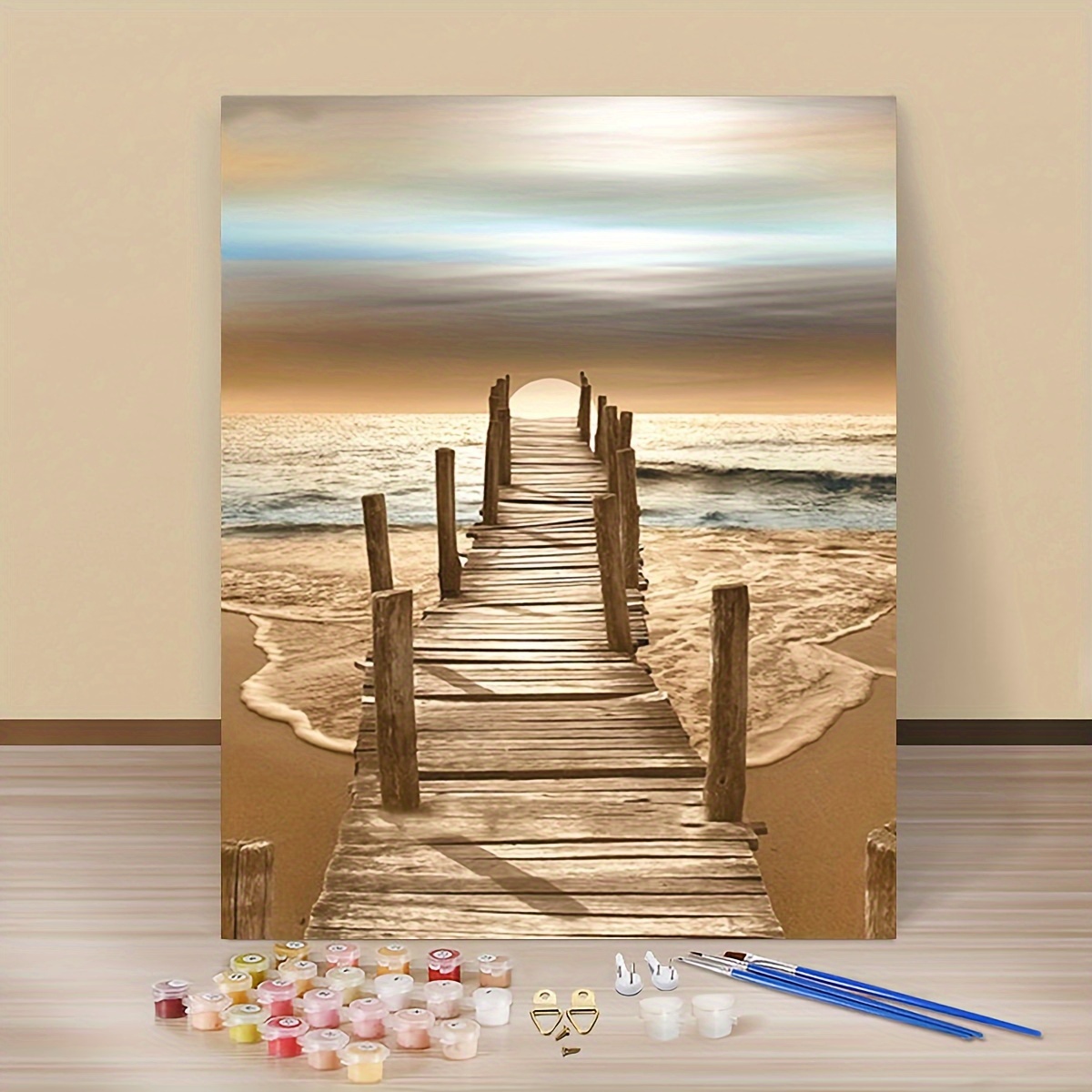 

1pc Diy Paint By Numbers Kit, Beach Wooden Bridge Scenery, 16x20 Inch Canvas, Art Painting Set For Home Wall Decor