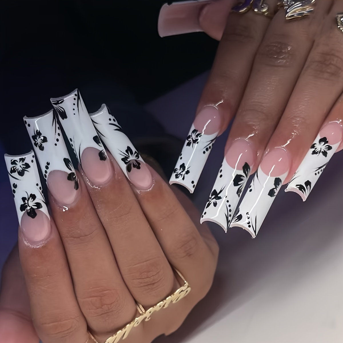 TEMU Ensemble de 24 faux ongles brillants de pipe française, couverture complète, longs, en acrylique, avec floraux, kit de manucure réaliste naturel