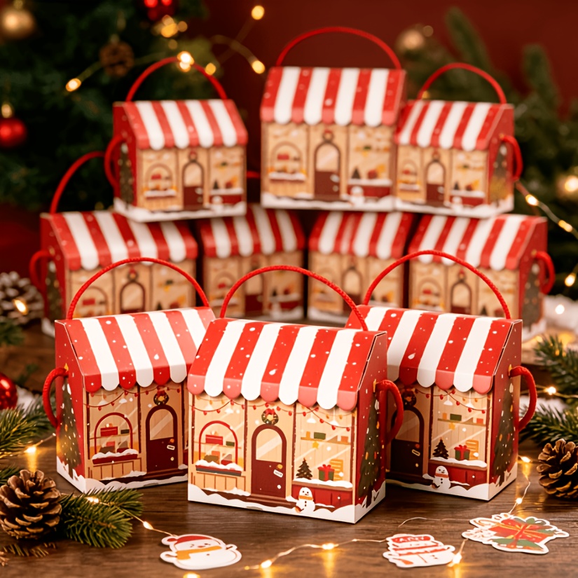 TEMU 10 Christmas House-shaped Gift Boxes With Handles, Featuring Adorable Snowman Christmas Prints. Portable Paper Packaging Boxes Are Ideal For
