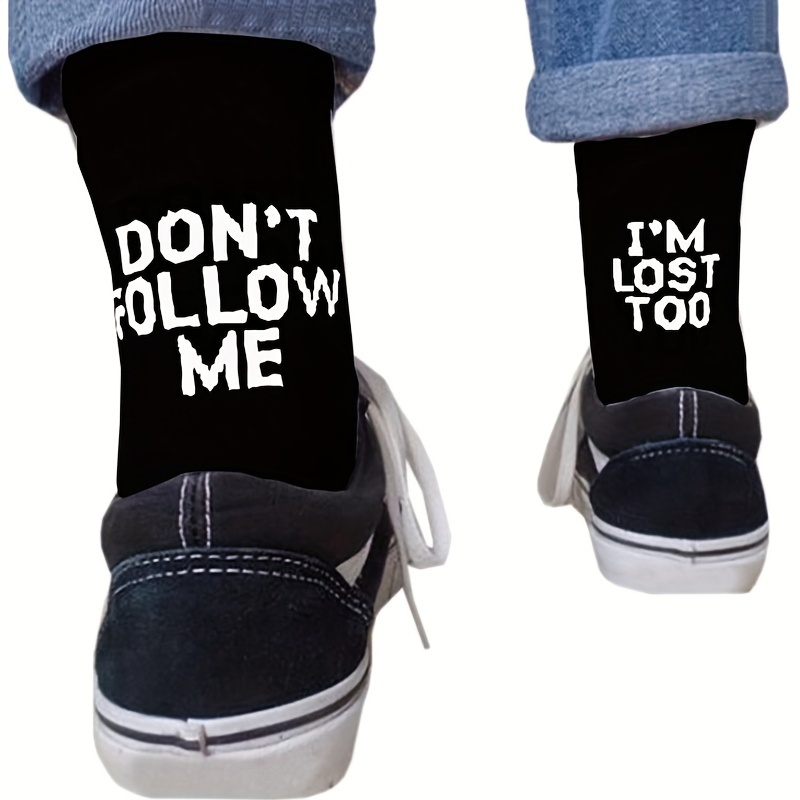 

1 Pair Of Pair Of Men's Novelty Slogan Pattern Crew Socks, Breathable Cotton Blend Comfy Casual Unisex Socks For Men's Outdoor Wearing