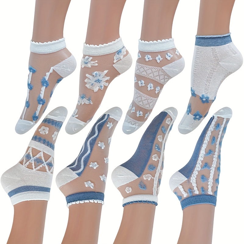 Image of 8-pair Summer New Style Fresh And Sweet Cassis Flower Print Lace Sweet And Cute Breathable Ankle Socks